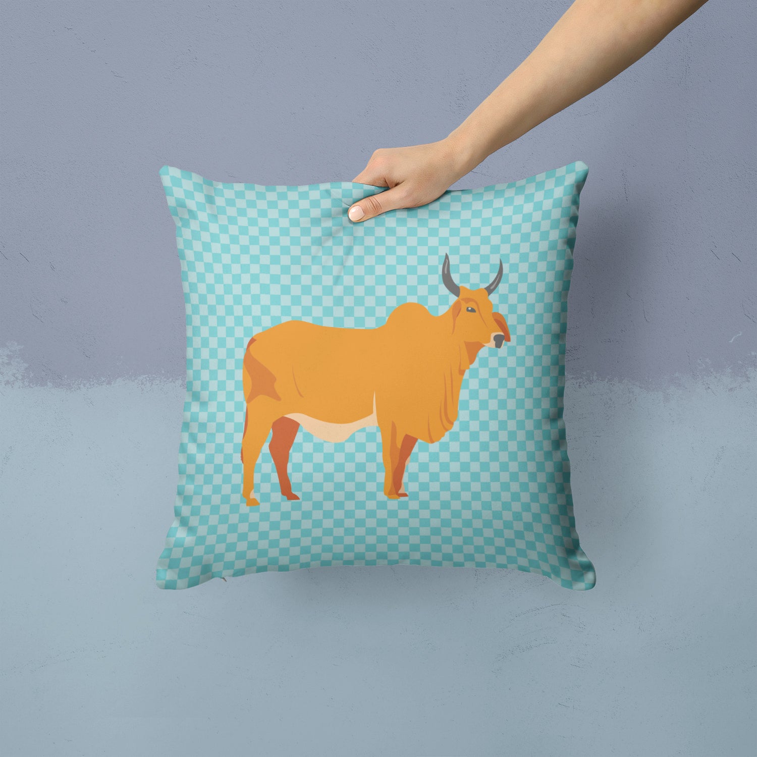 Zebu Indicine Cow Blue Check Fabric Decorative Pillow BB7999PW1414 - the-store.com