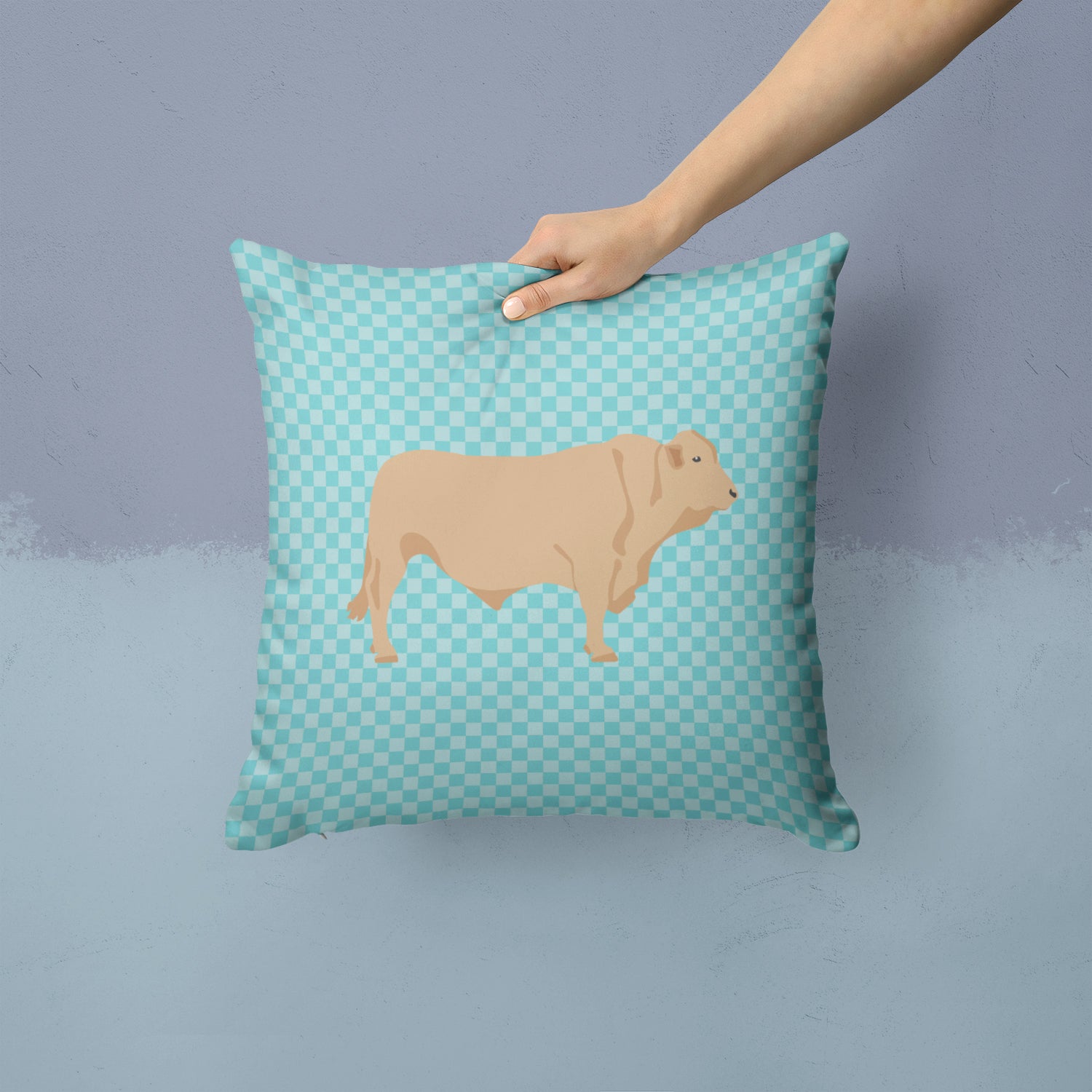 Charolais Cow Blue Check Fabric Decorative Pillow BB8000PW1414 - the-store.com