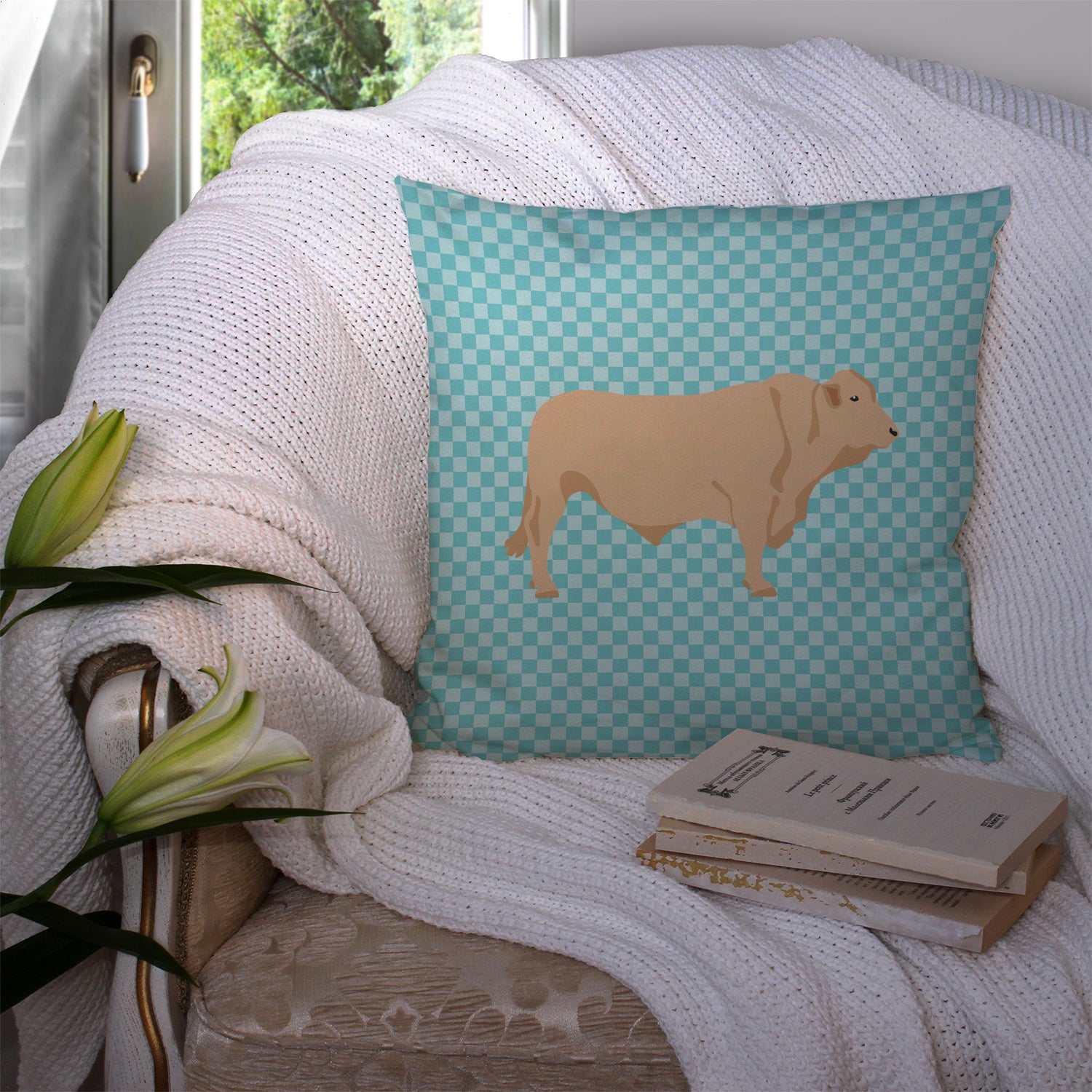 Charolais Cow Blue Check Fabric Decorative Pillow BB8000PW1414 - the-store.com