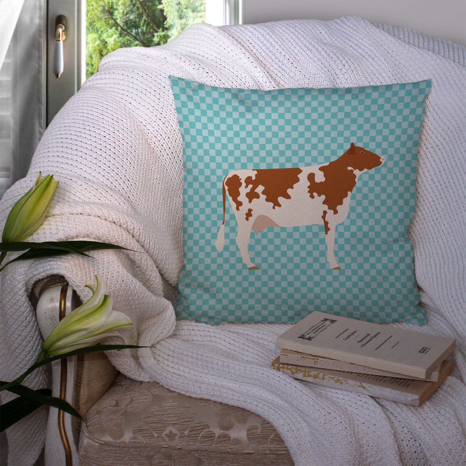 Ayrshire Cow Blue Check Fabric Decorative Pillow BB8001PW1414 - the-store.com