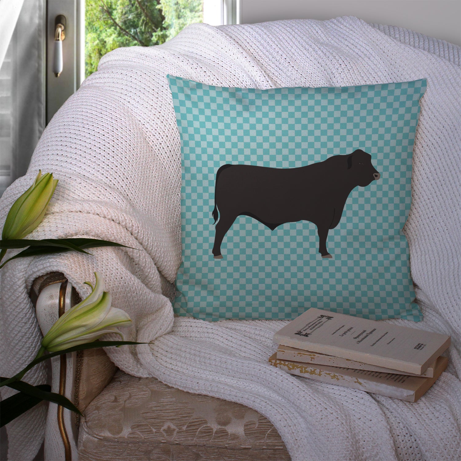 Black Angus Cow Blue Check Fabric Decorative Pillow BB8002PW1414 - the-store.com