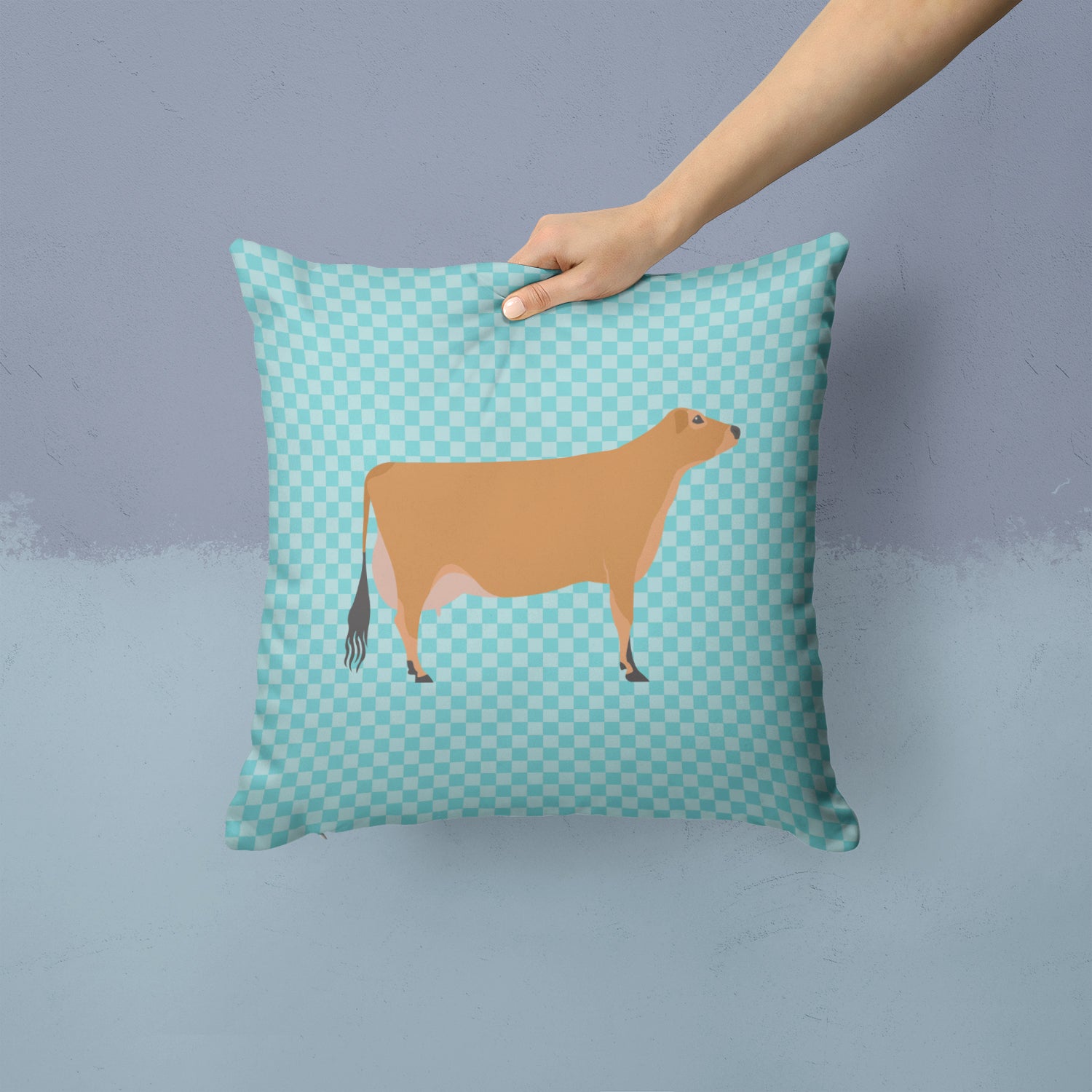 Jersey Cow Blue Check Fabric Decorative Pillow BB8003PW1414 - the-store.com
