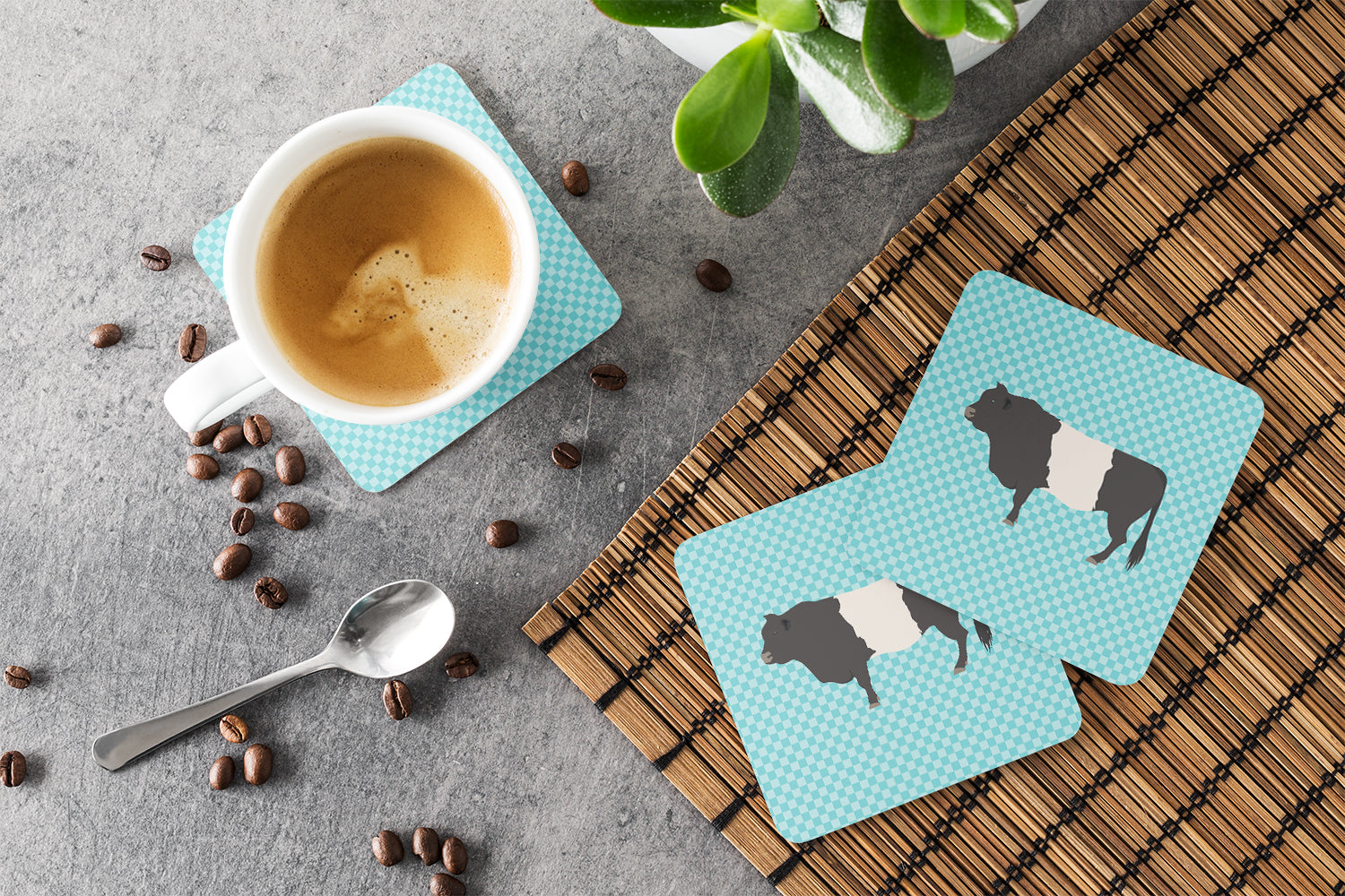 Belted Galloway Cow Blue Check Foam Coaster Set of 4 BB8005FC - the-store.com