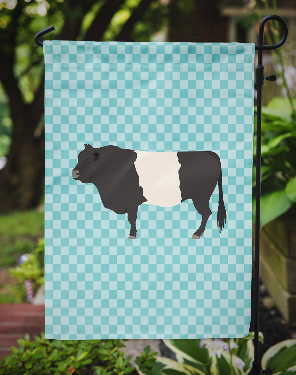 Belted Galloway Cow Blue Check Flag Garden Size  the-store.com.