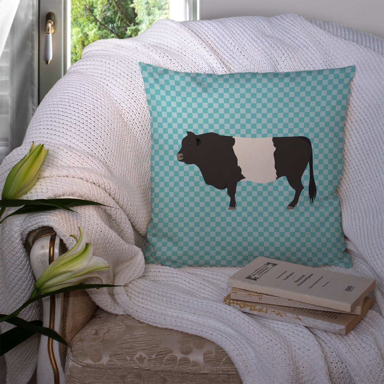 Belted Galloway Cow Blue Check Fabric Decorative Pillow BB8005PW1414 - the-store.com