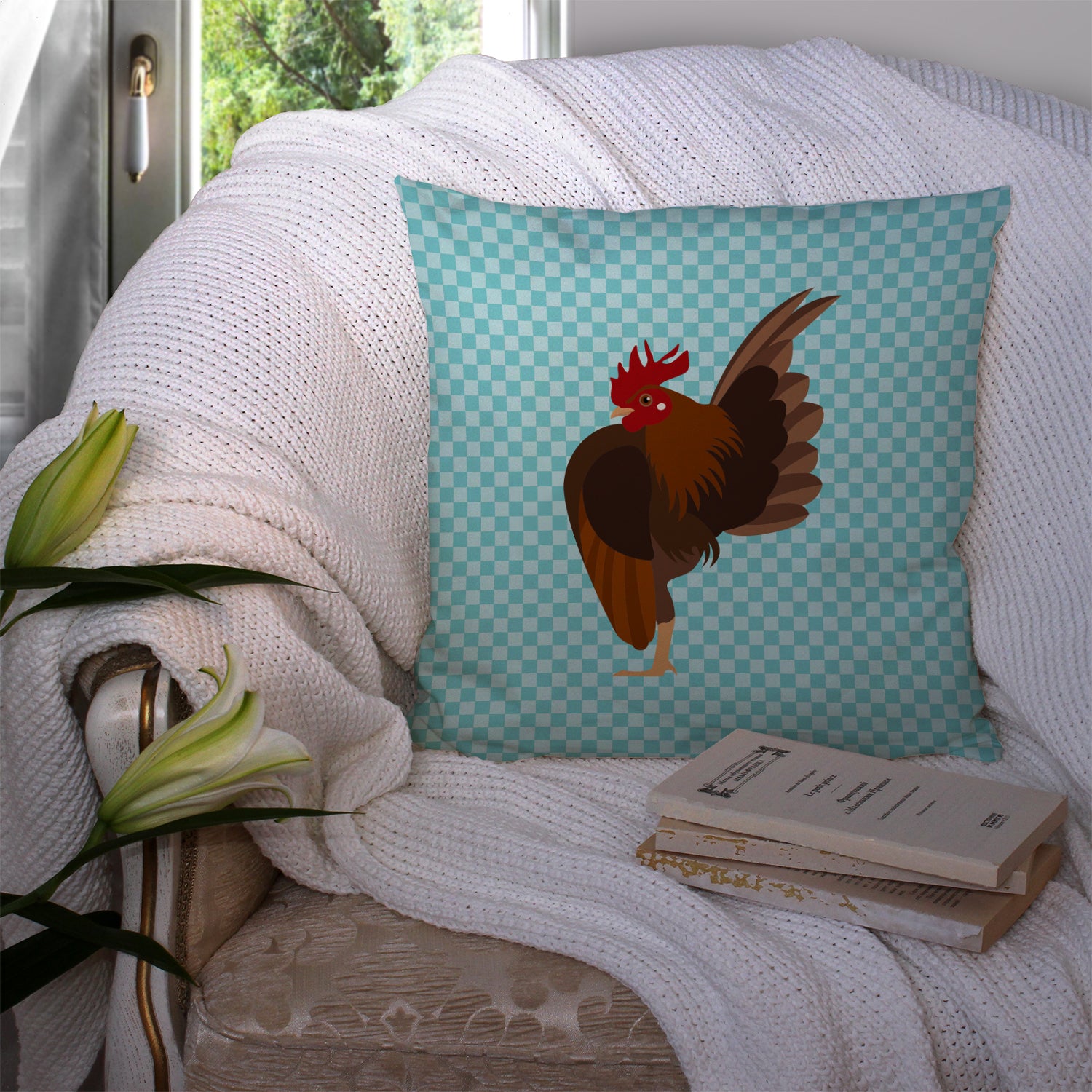 Malaysian Serama Chicken Blue Check Fabric Decorative Pillow BB8016PW1414 - the-store.com