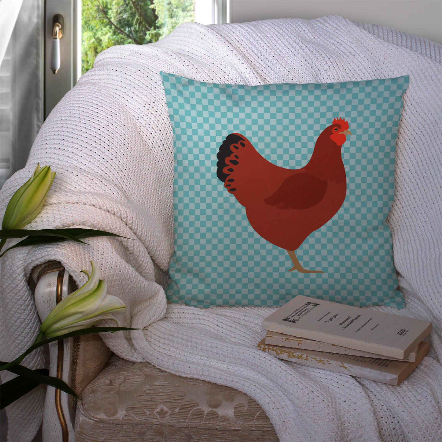 New Hampshire Red Chicken Blue Check Fabric Decorative Pillow BB8017PW1414 - the-store.com