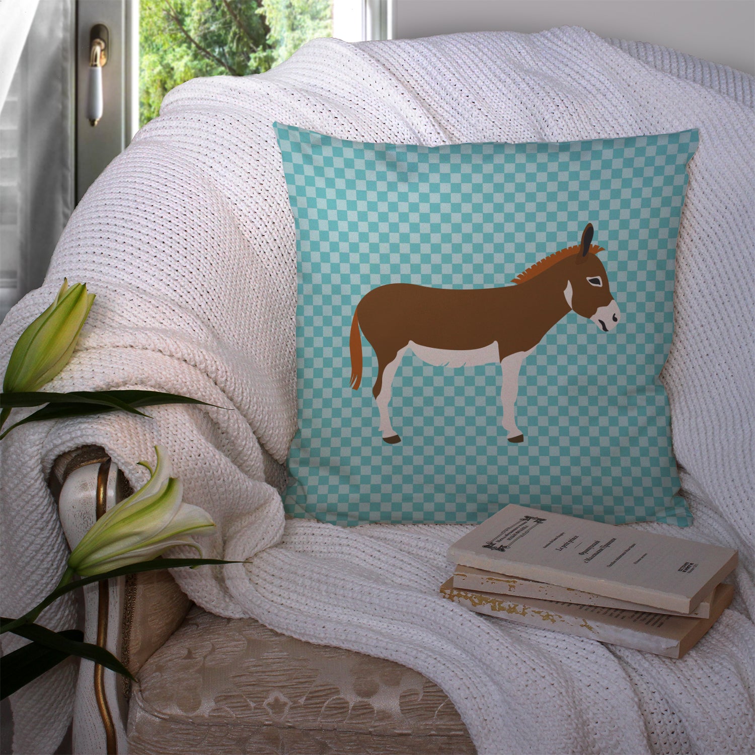 Miniature Mediterranian Donkey Blue Check Fabric Decorative Pillow BB8021PW1414 - the-store.com