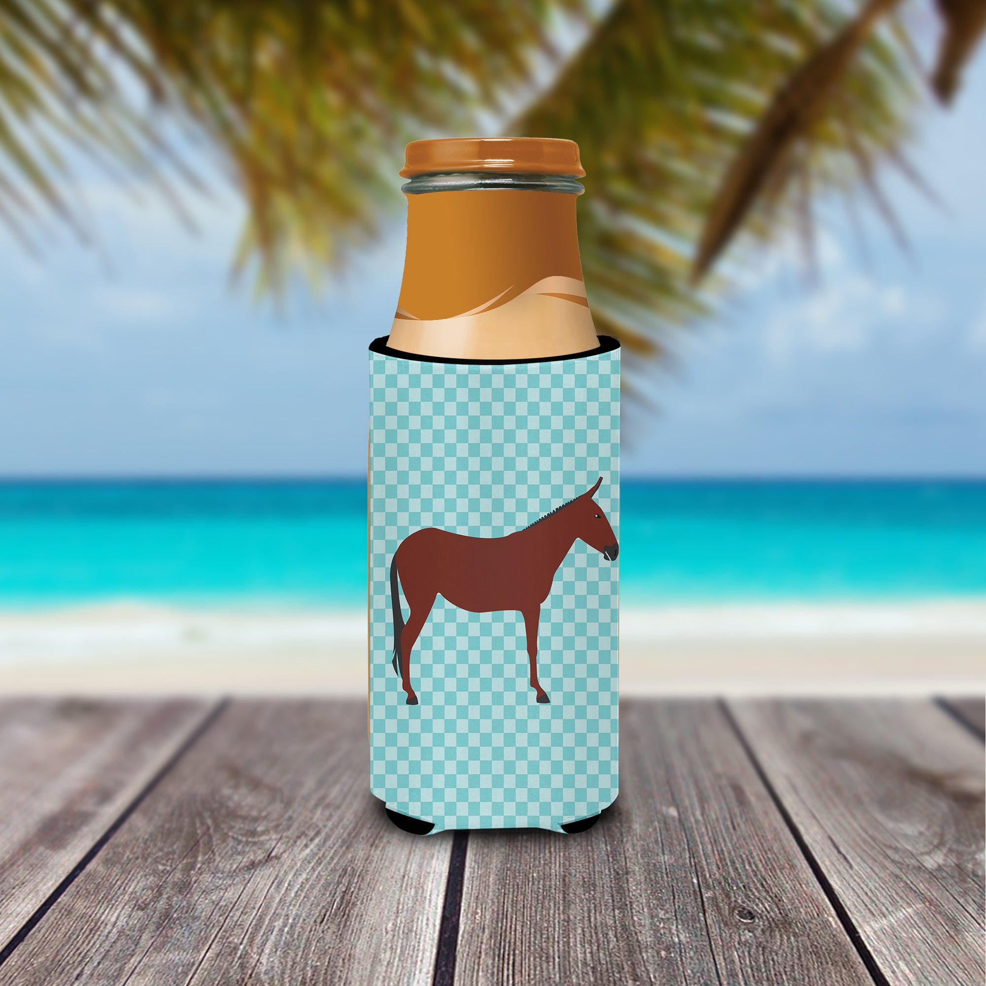 Hinny Horse Donkey Blue Check  Ultra Hugger for slim cans
