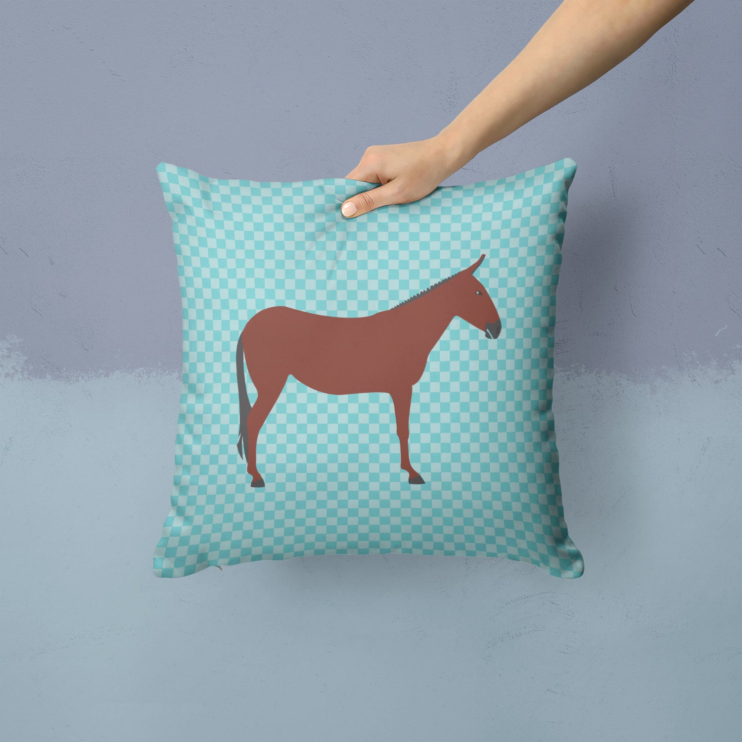Hinny Horse Donkey Blue Check Fabric Decorative Pillow BB8024PW1414 - the-store.com