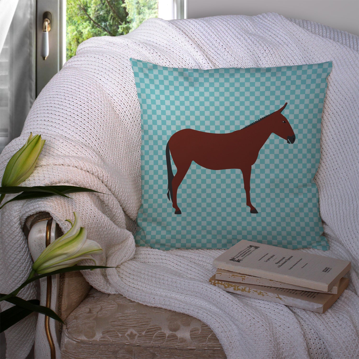 Hinny Horse Donkey Blue Check Fabric Decorative Pillow BB8024PW1414 - the-store.com