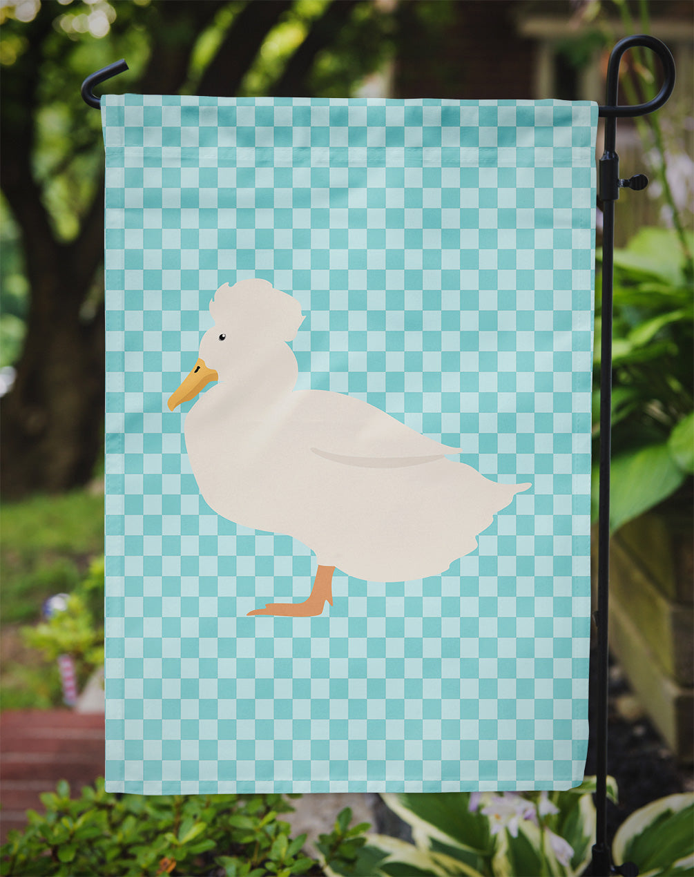 Crested Duck Blue Check Flag Garden Size  the-store.com.