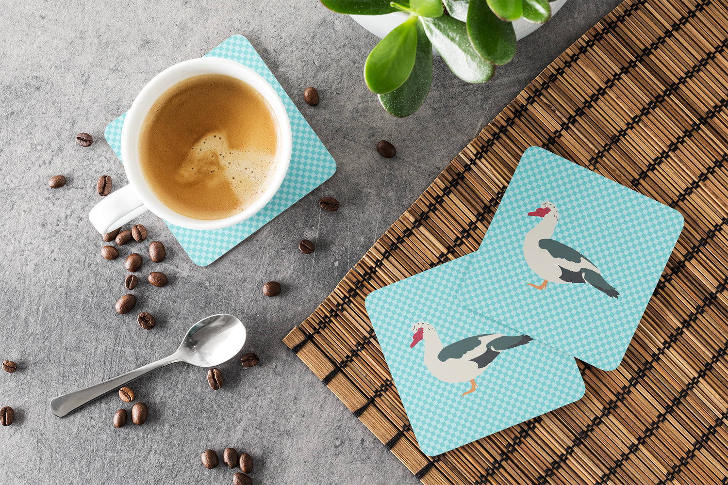 Muscovy Duck Blue Check Foam Coaster Set of 4 BB8038FC - the-store.com