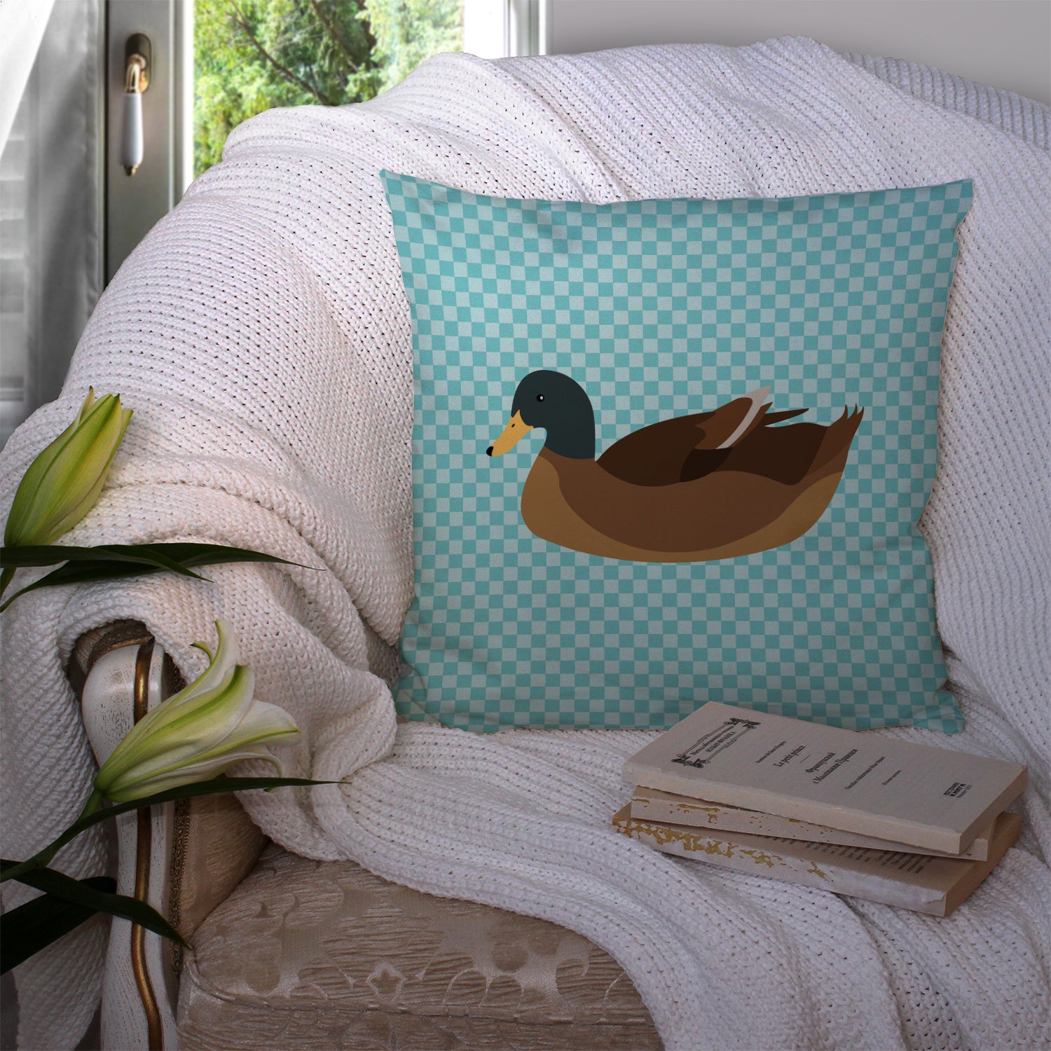 Khaki Campbell Duck Blue Check Fabric Decorative Pillow BB8040PW1414 - the-store.com