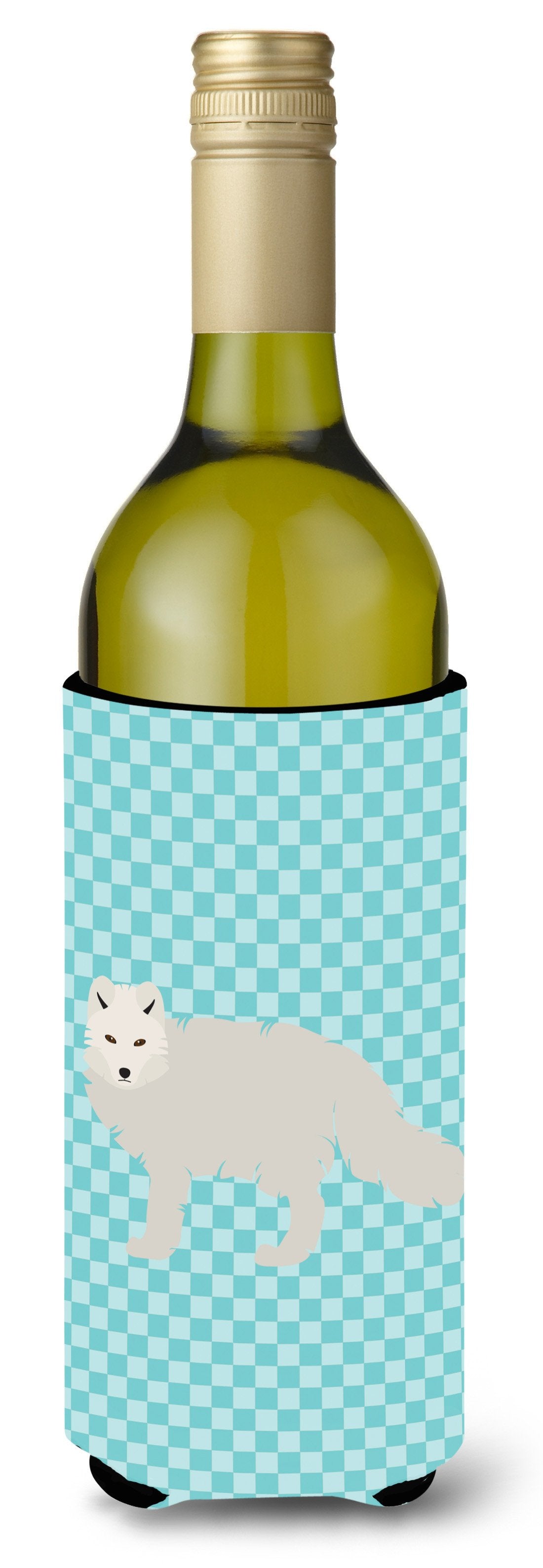 White Arctic Fox Blue Check Wine Bottle Beverge Insulator Hugger BB8051LITERK by Caroline&#39;s Treasures
