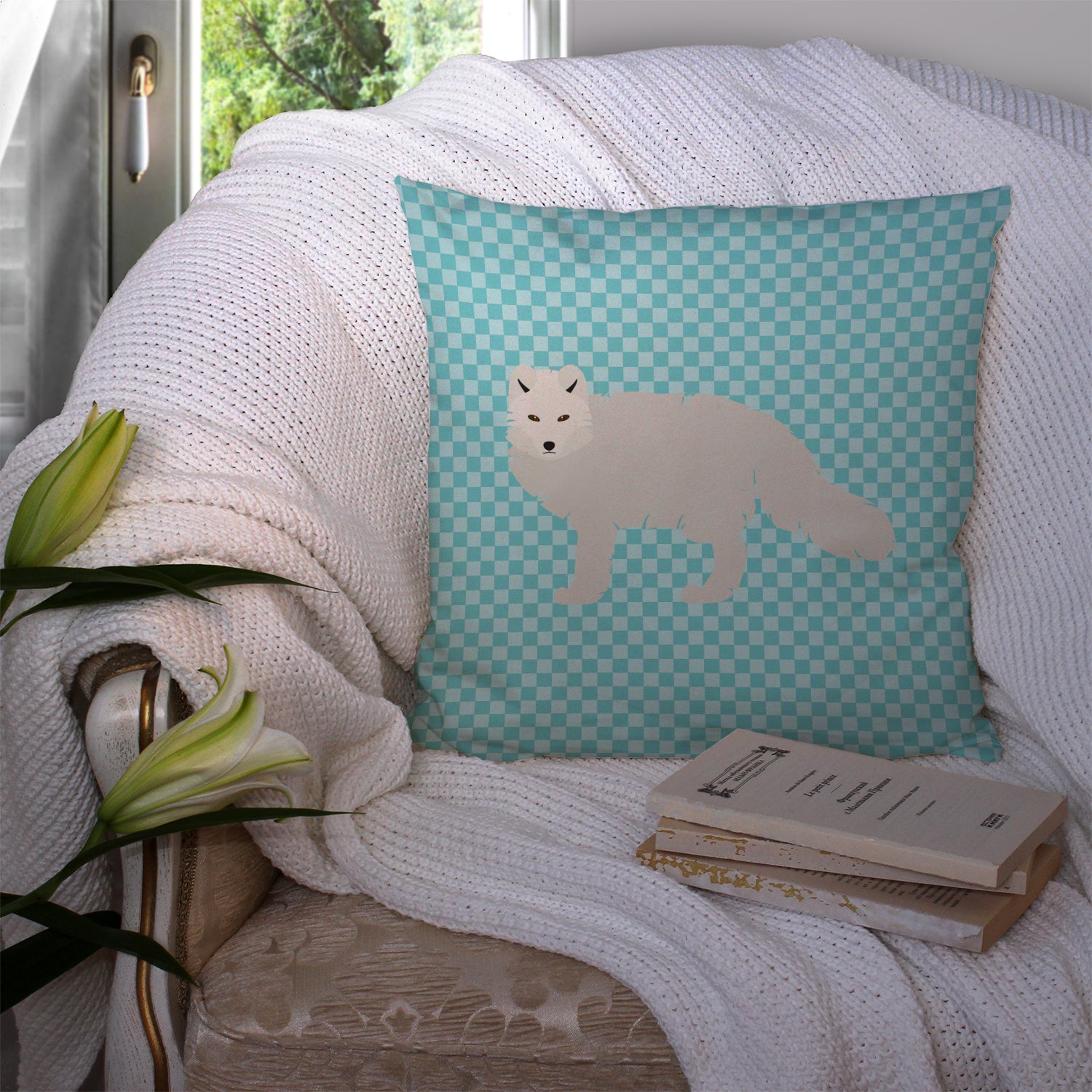 White Arctic Fox Blue Check Fabric Decorative Pillow BB8051PW1414 - the-store.com