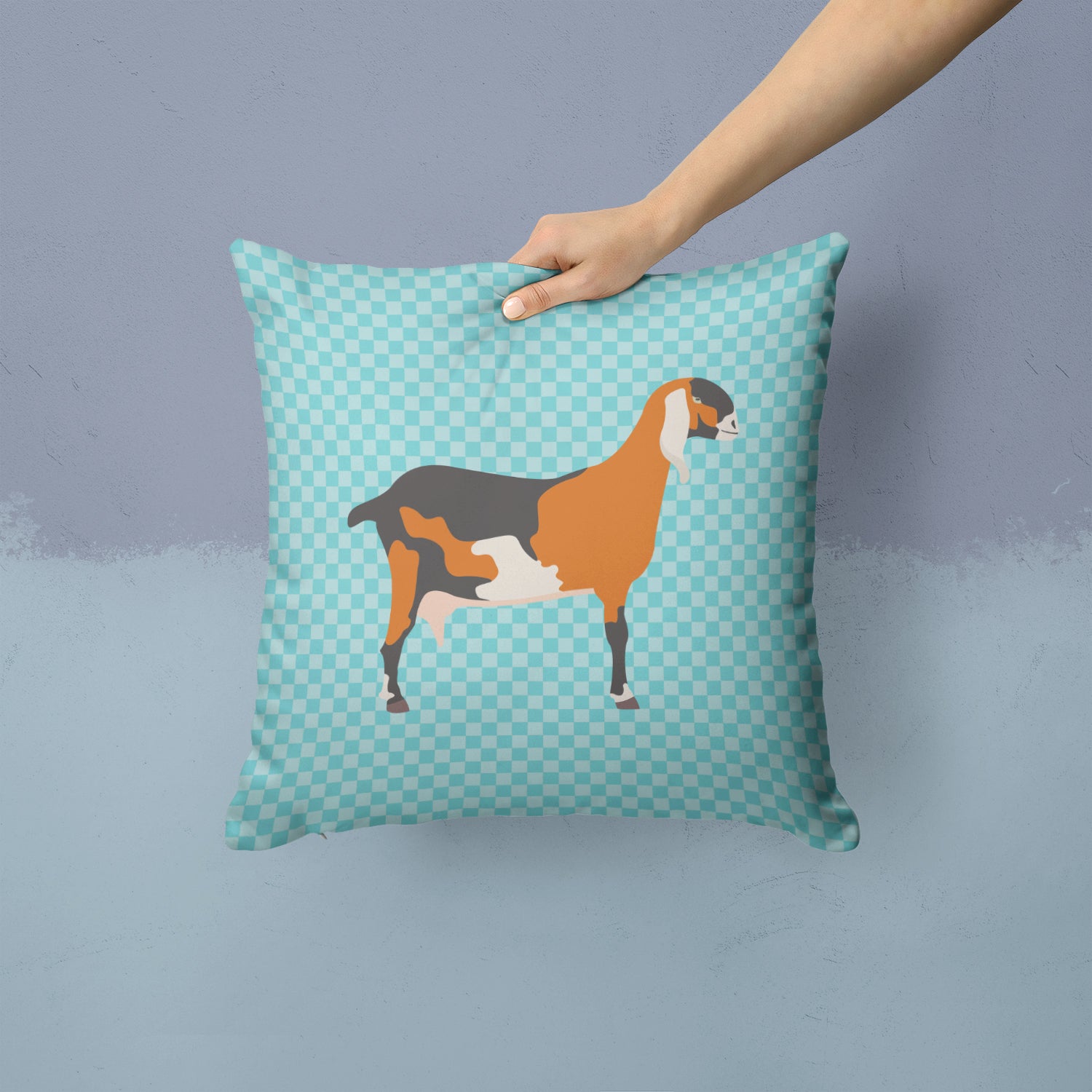 Anglo-nubian Nubian Goat Blue Check Fabric Decorative Pillow BB8057PW1414 - the-store.com