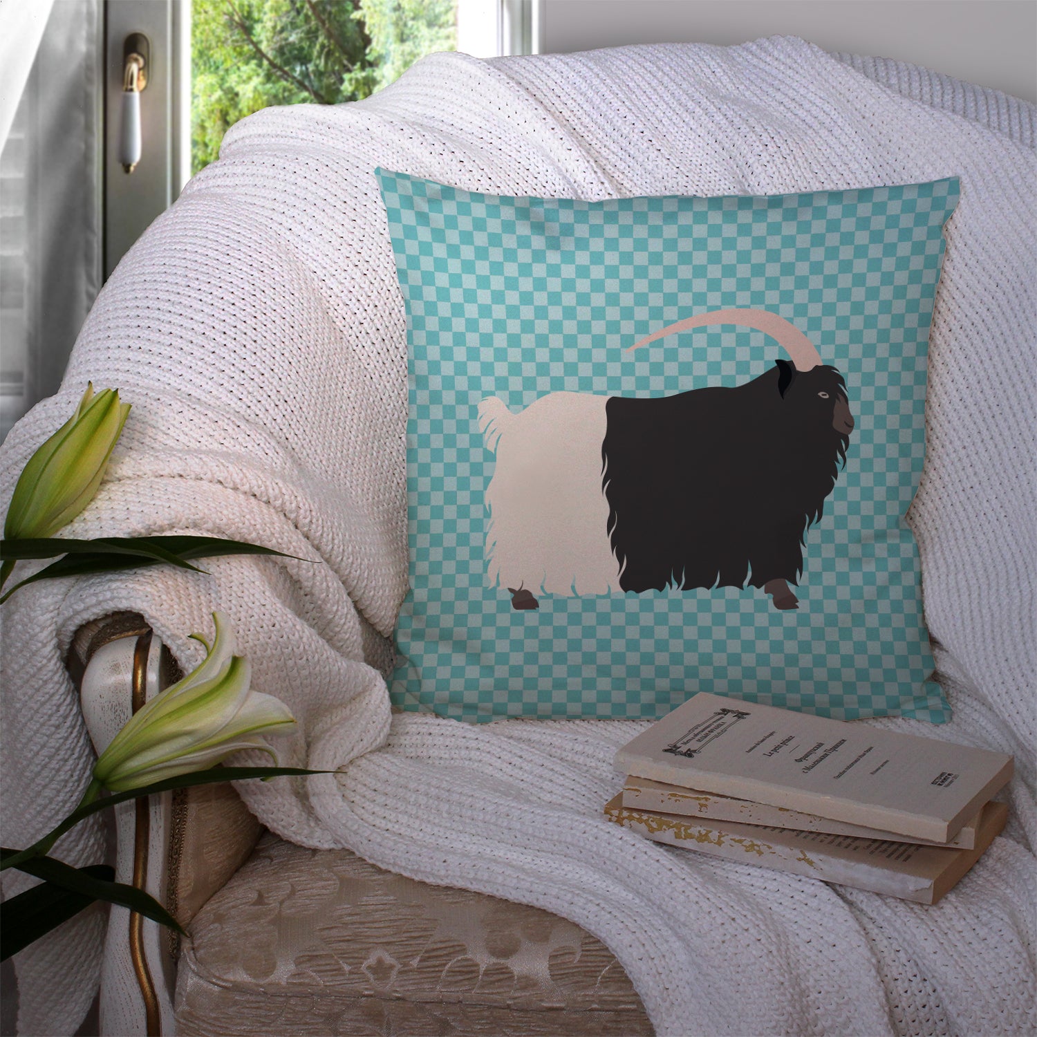 Welsh Black-Necked Goat Blue Check Fabric Decorative Pillow BB8061PW1414 - the-store.com