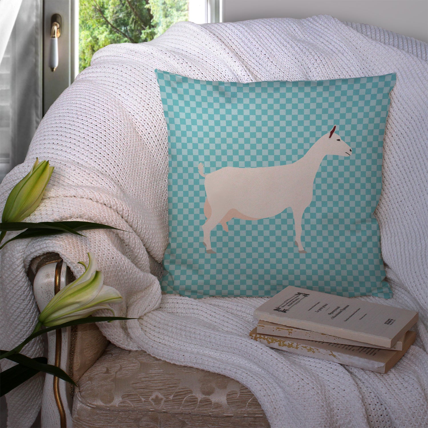Saanen Goat Blue Check Fabric Decorative Pillow BB8063PW1414 - the-store.com