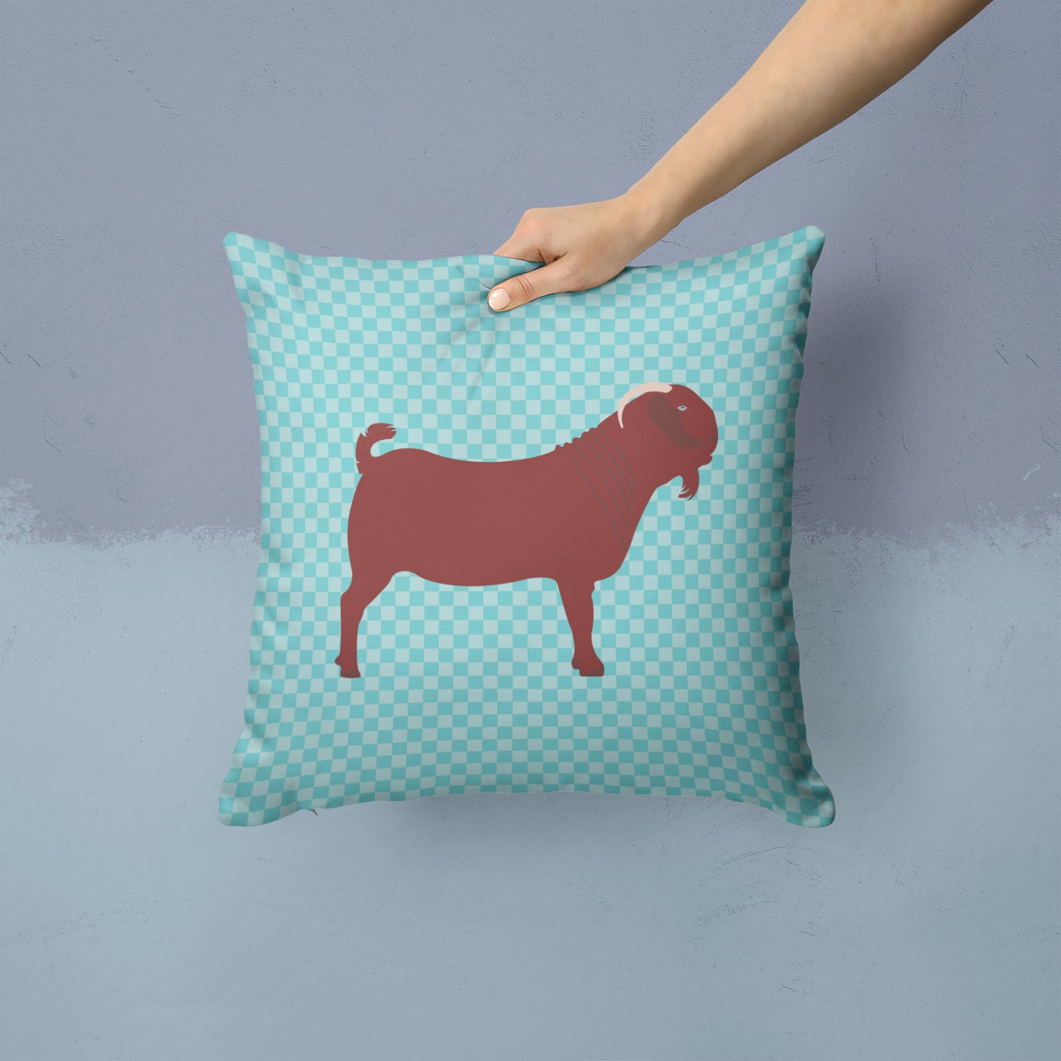 Kalahari Red Goat Blue Check Fabric Decorative Pillow BB8065PW1414 - the-store.com