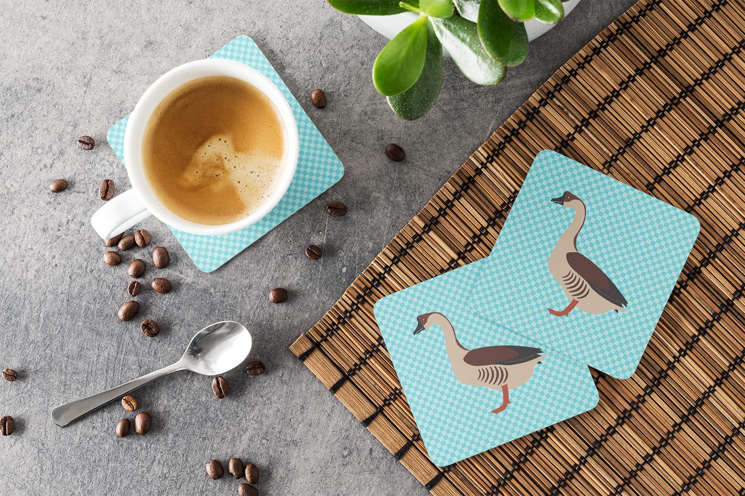 Chinese Goose Blue Check Foam Coaster Set of 4 BB8070FC - the-store.com