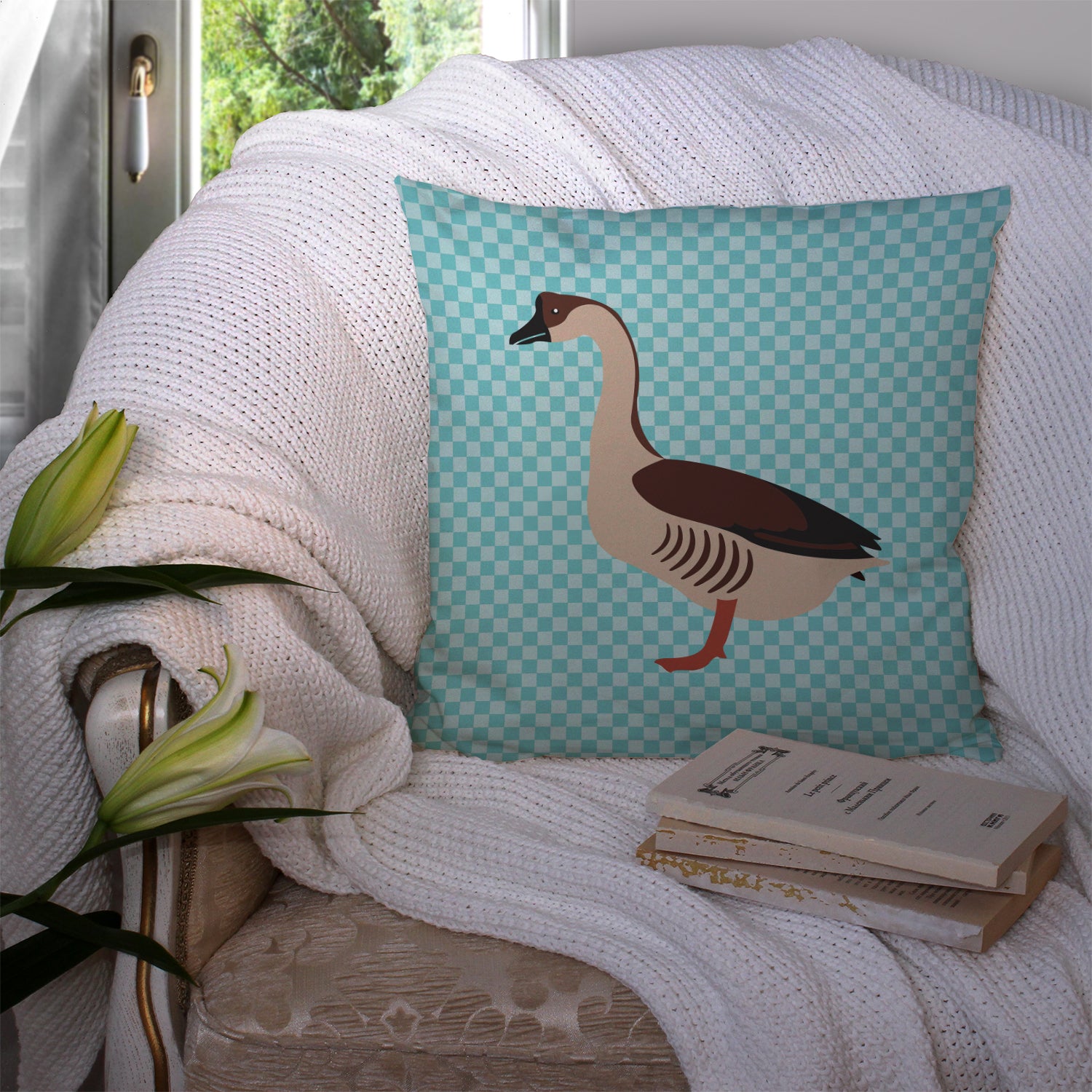 Chinese Goose Blue Check Fabric Decorative Pillow BB8070PW1414 - the-store.com