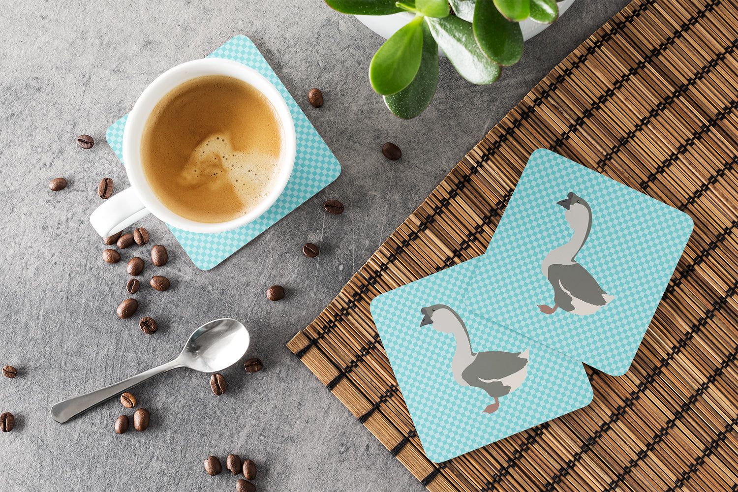 African Goose Blue Check Foam Coaster Set of 4 BB8073FC - the-store.com