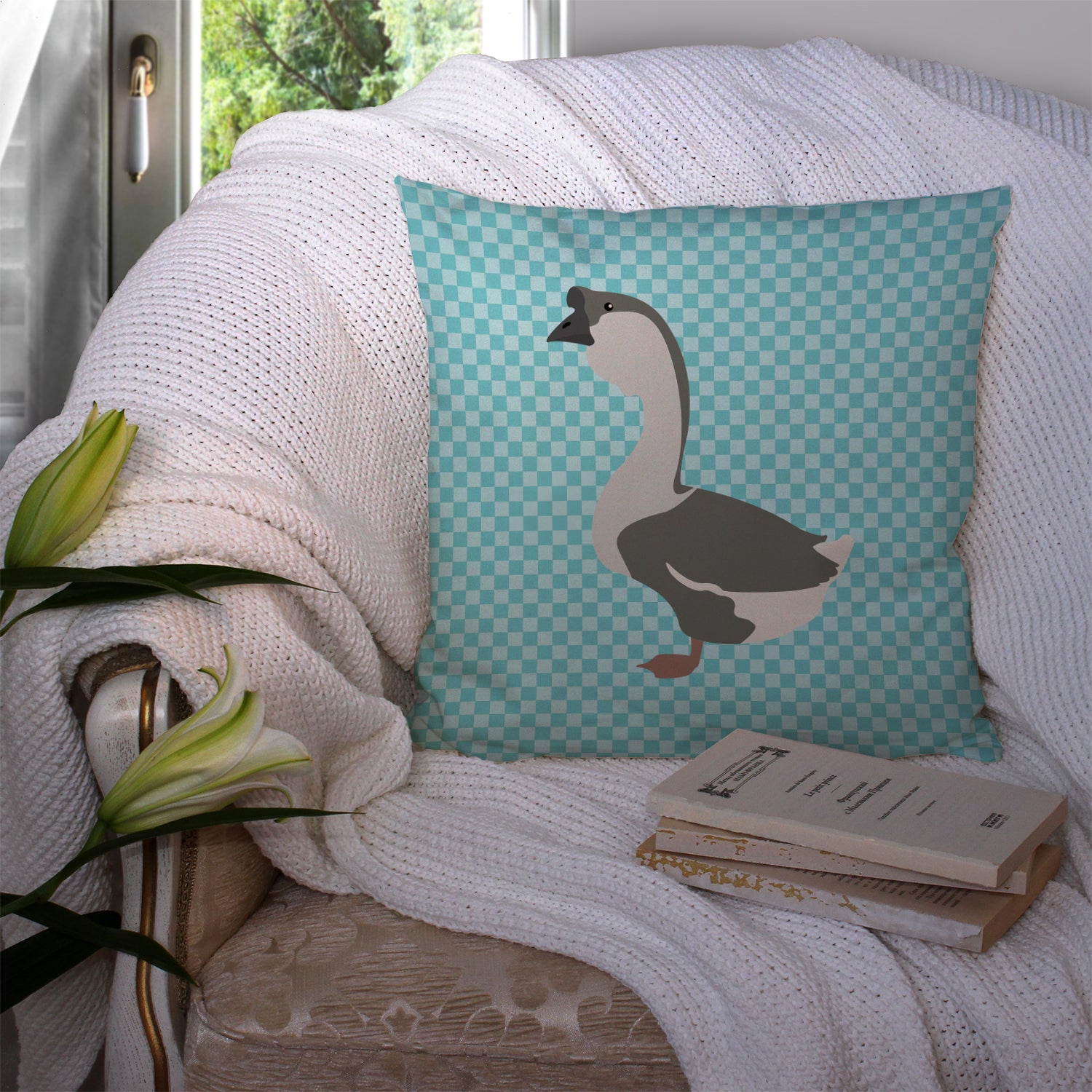 African Goose Blue Check Fabric Decorative Pillow BB8073PW1414 - the-store.com