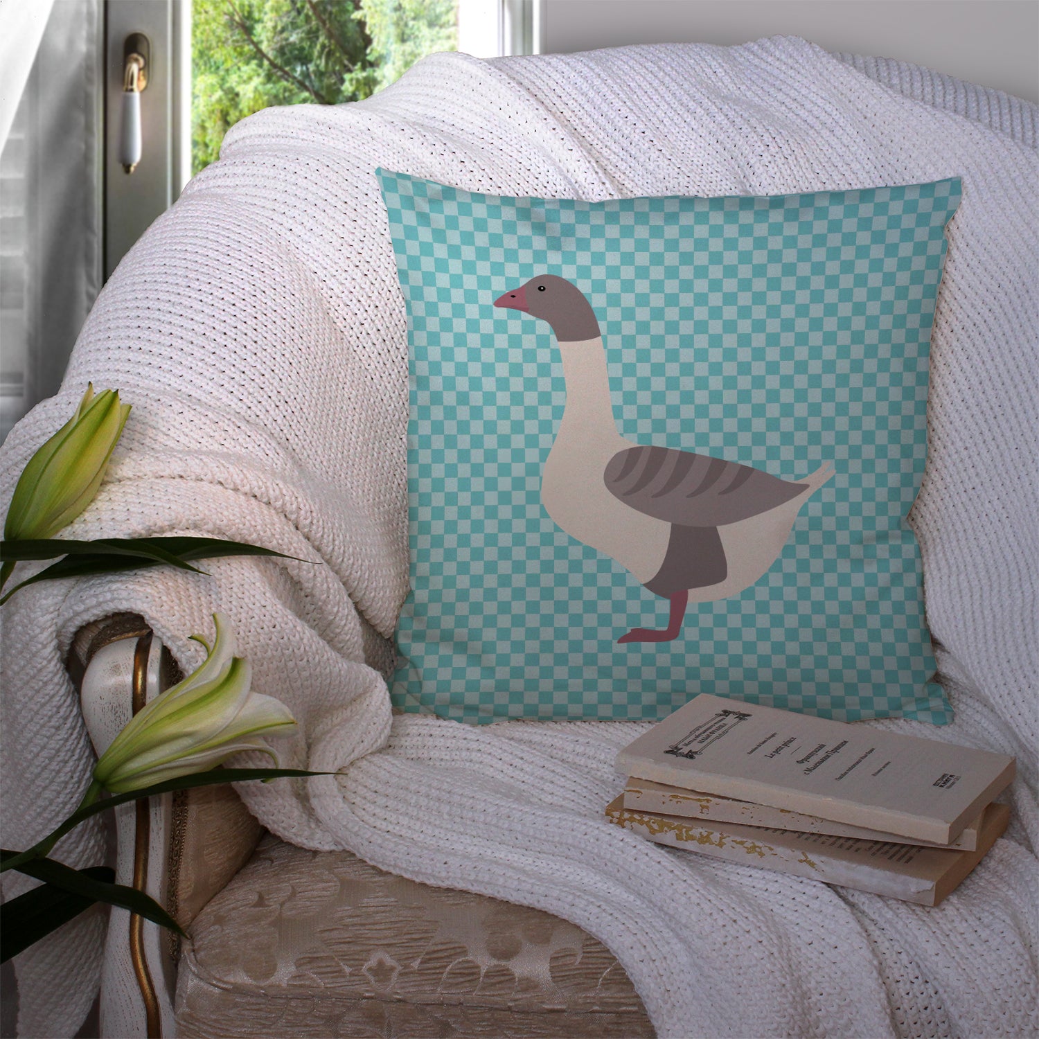 Buff Grey Back Goose Blue Check Fabric Decorative Pillow BB8075PW1414 - the-store.com