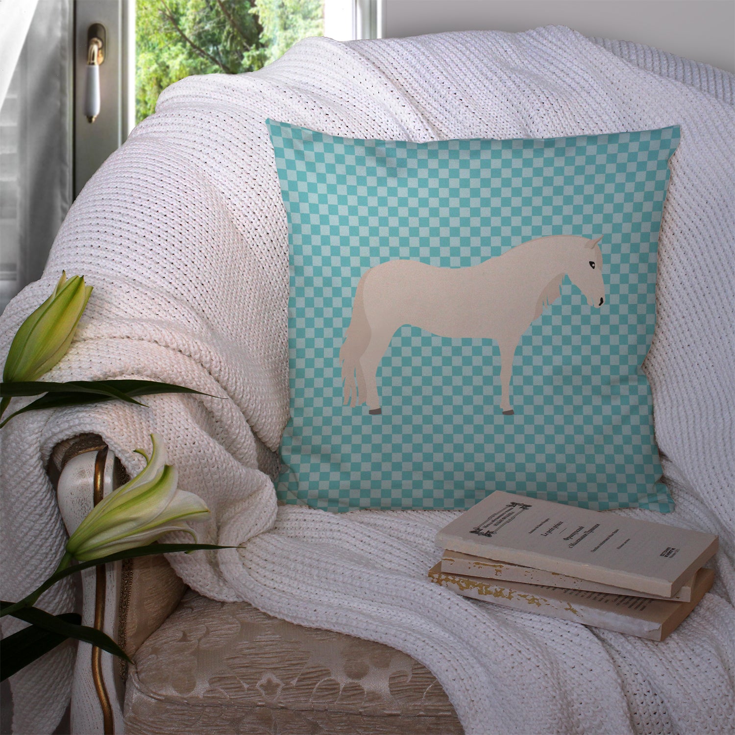 Paso Fino Horse Blue Check Fabric Decorative Pillow BB8079PW1414 - the-store.com