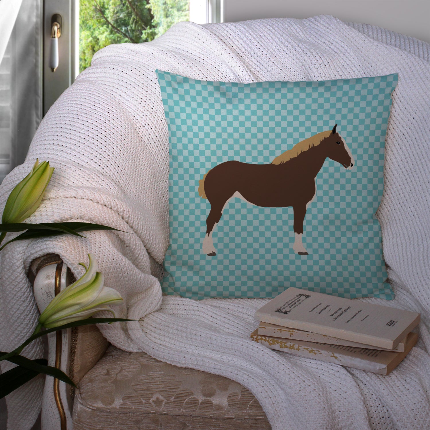 Percheron Horse Blue Check Fabric Decorative Pillow BB8080PW1414 - the-store.com