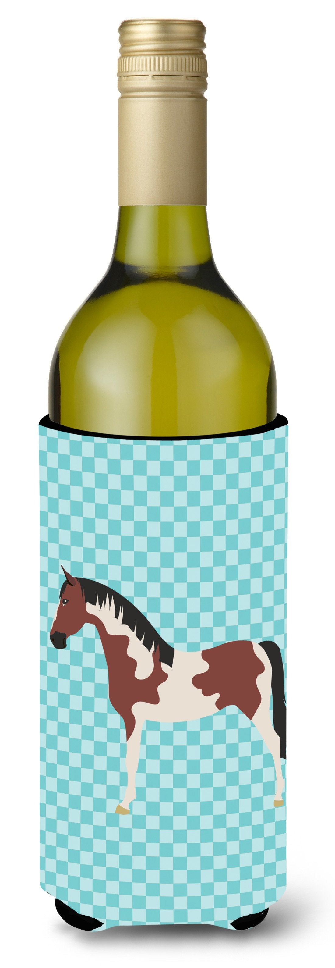 Pinto Horse Blue Check Wine Bottle Beverge Insulator Hugger BB8081LITERK by Caroline&#39;s Treasures