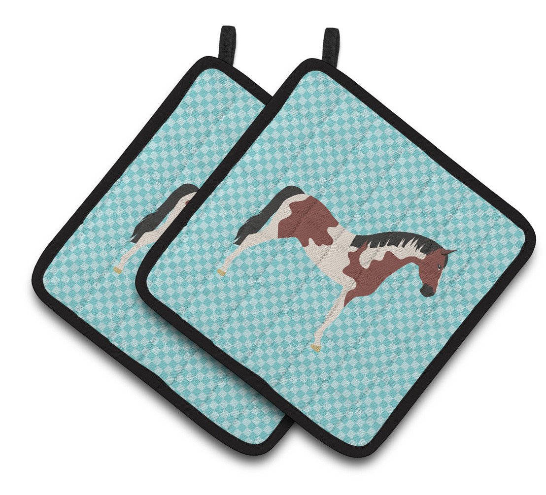 Pinto Horse Blue Check Pair of Pot Holders BB8081PTHD by Caroline&#39;s Treasures