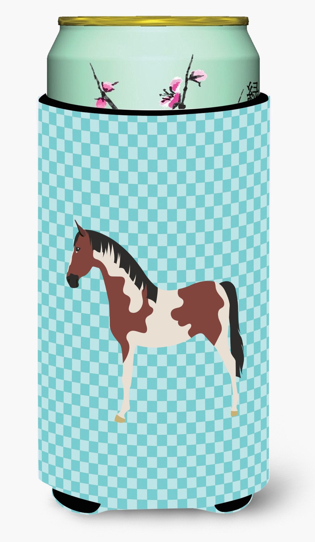 Pinto Horse Blue Check Tall Boy Beverage Insulator Hugger BB8081TBC by Caroline&#39;s Treasures