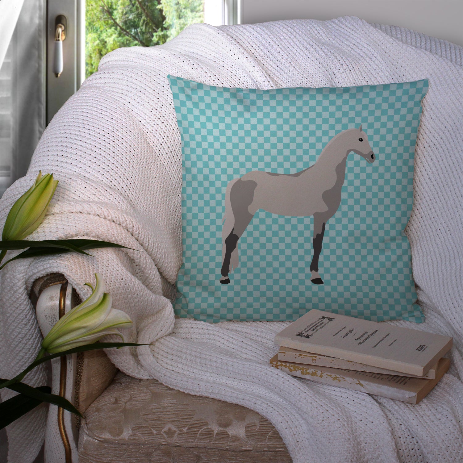 Orlov Trotter Horse Blue Check Fabric Decorative Pillow BB8082PW1414 - the-store.com
