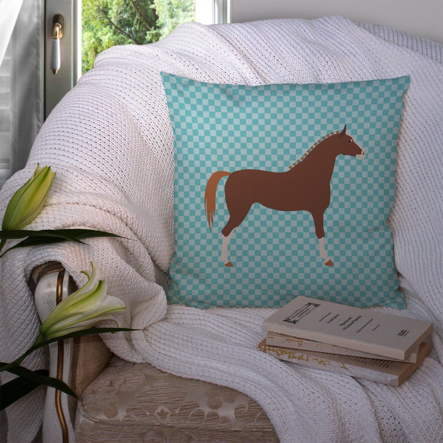 Hannoverian Horse Blue Check Fabric Decorative Pillow BB8083PW1414 - the-store.com