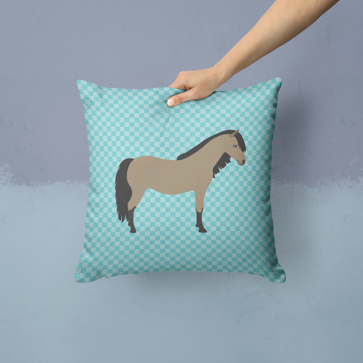 Welsh Pony Horse Blue Check Fabric Decorative Pillow BB8084PW1414 - the-store.com