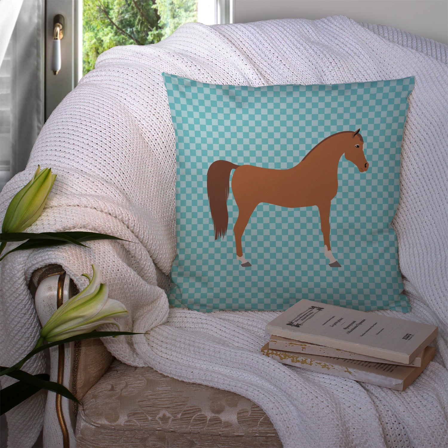Arabian Horse Blue Check Fabric Decorative Pillow BB8085PW1414 - the-store.com