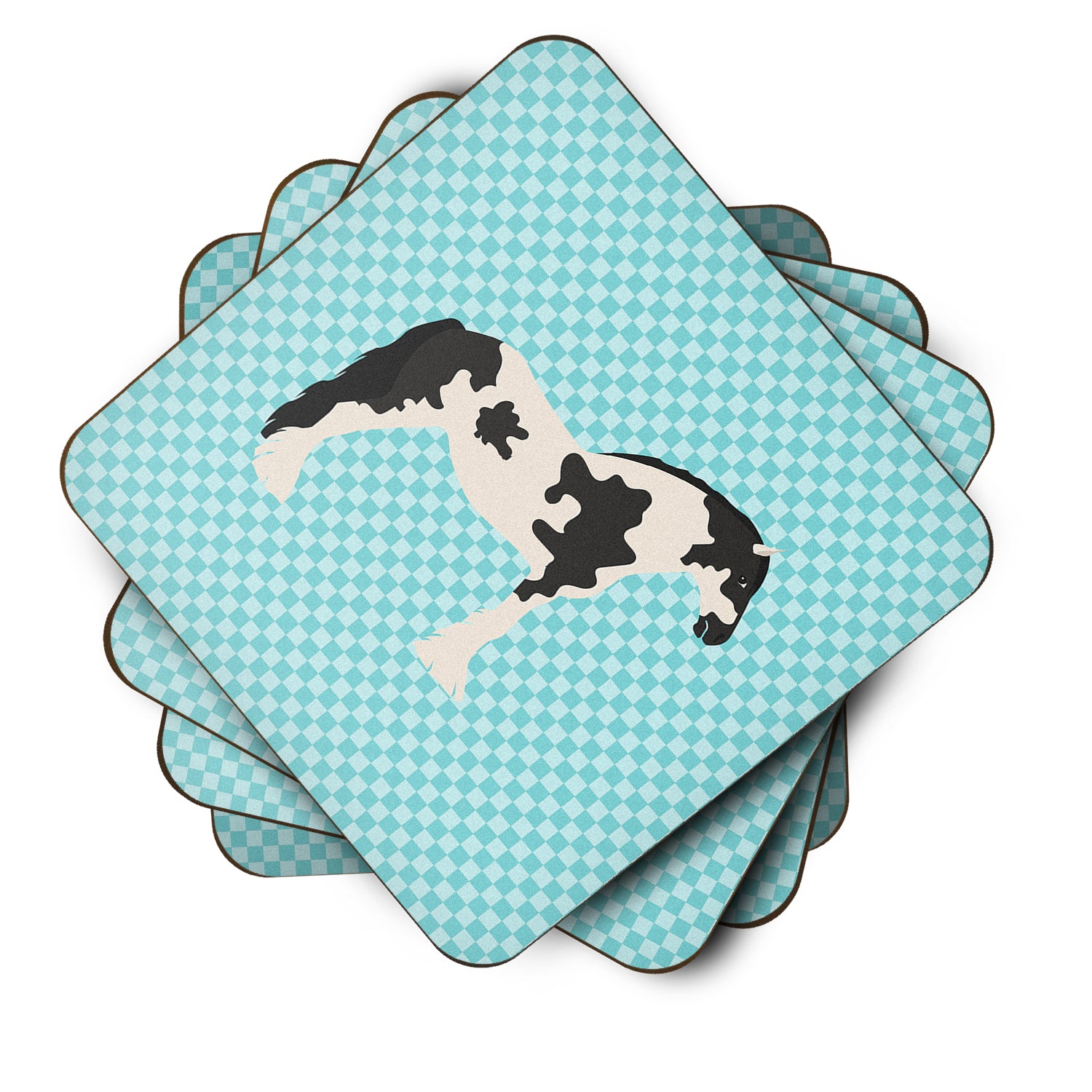 Cyldesdale Horse Blue Check Foam Coaster Set of 4 BB8086FC - the-store.com