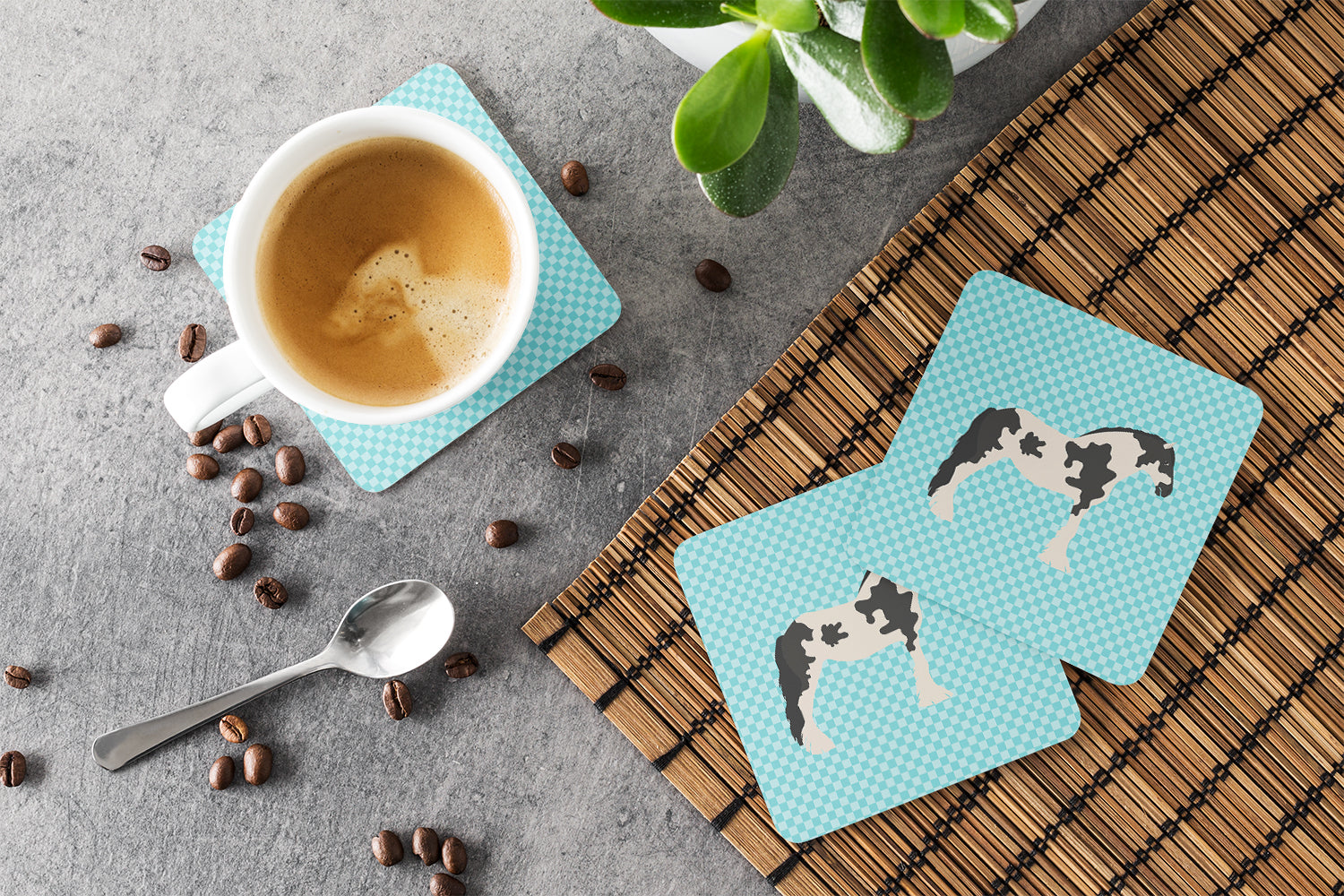 Cyldesdale Horse Blue Check Foam Coaster Set of 4 BB8086FC - the-store.com