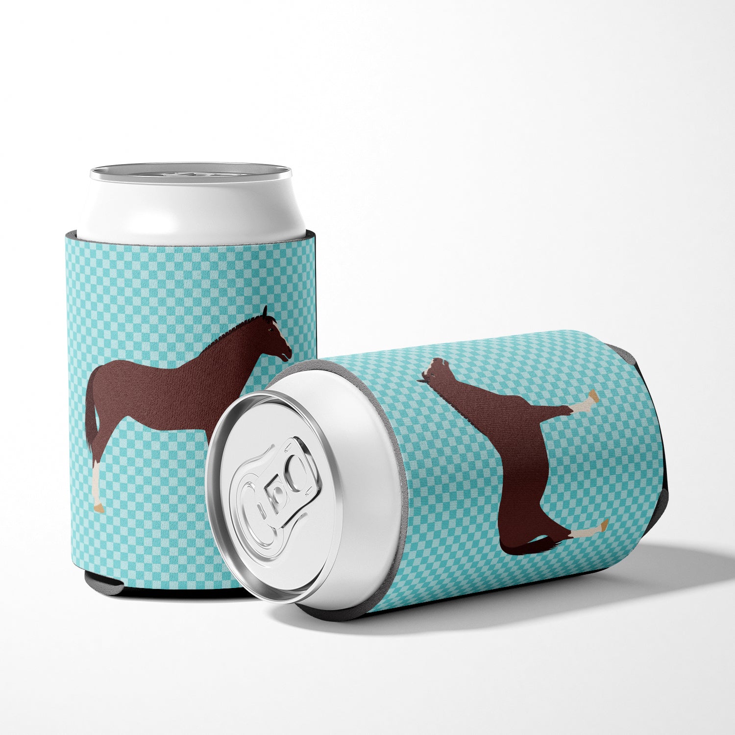 English Thoroughbred Horse Blue Check Can or Bottle Hugger BB8087CC