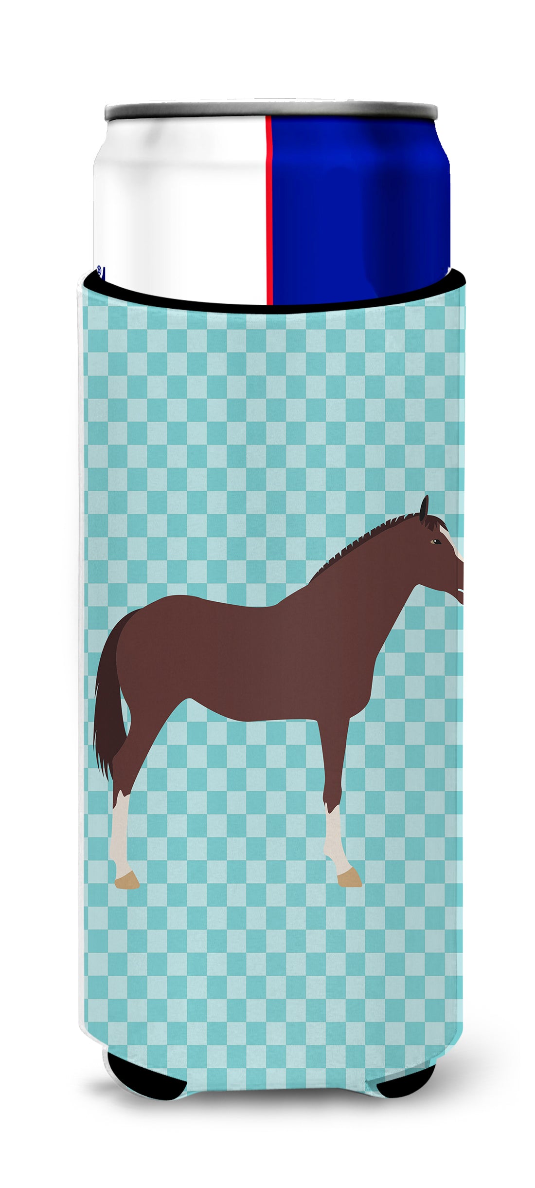 English Thoroughbred Horse Blue Check  Ultra Hugger for slim cans  the-store.com.