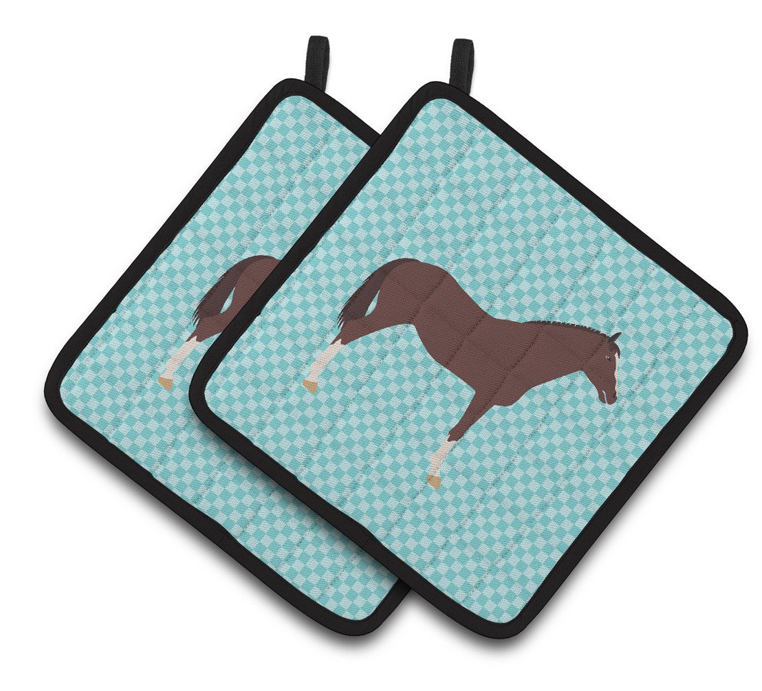 English Thoroughbred Horse Blue Check Pair of Pot Holders BB8087PTHD by Caroline&#39;s Treasures