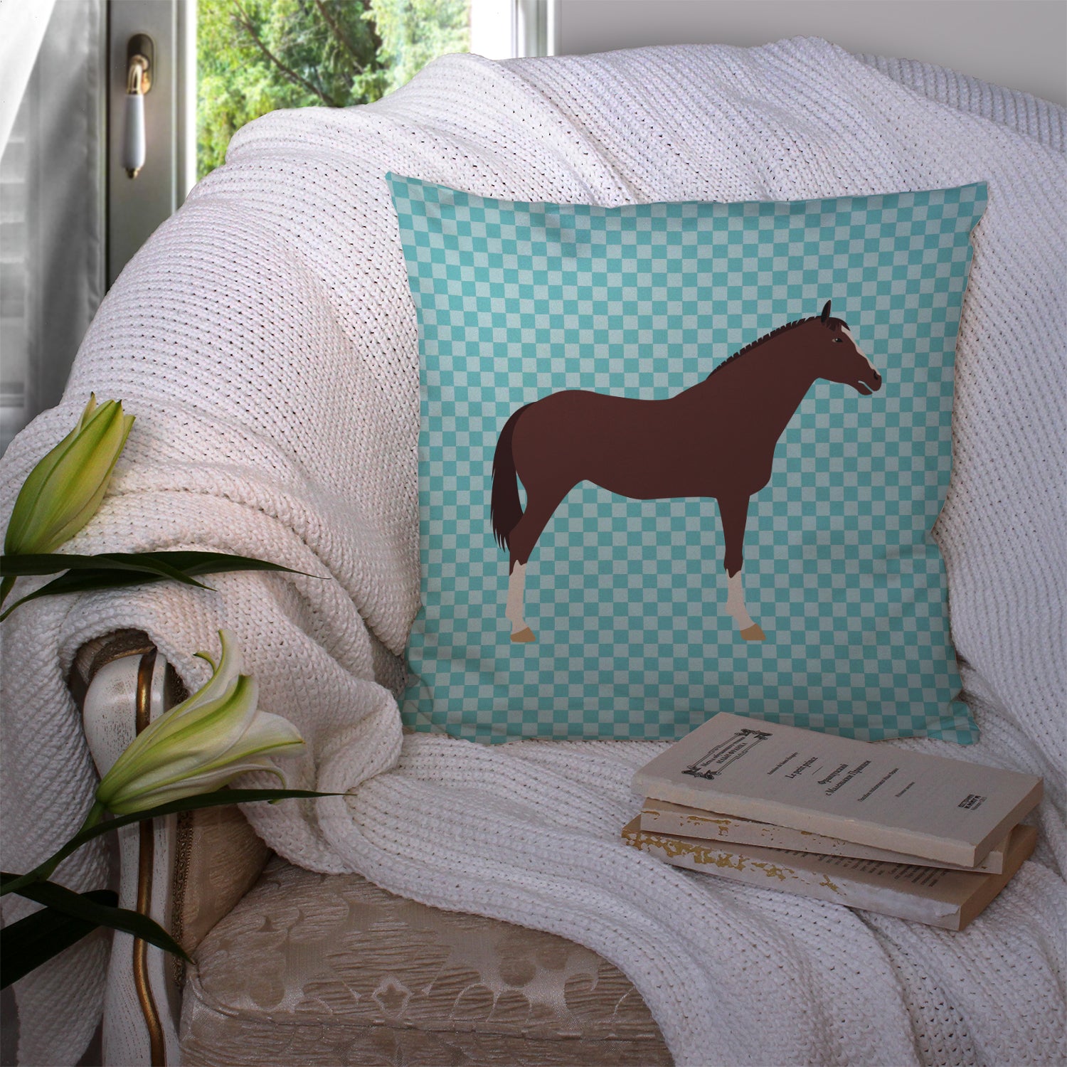 English Thoroughbred Horse Blue Check Fabric Decorative Pillow BB8087PW1414 - the-store.com
