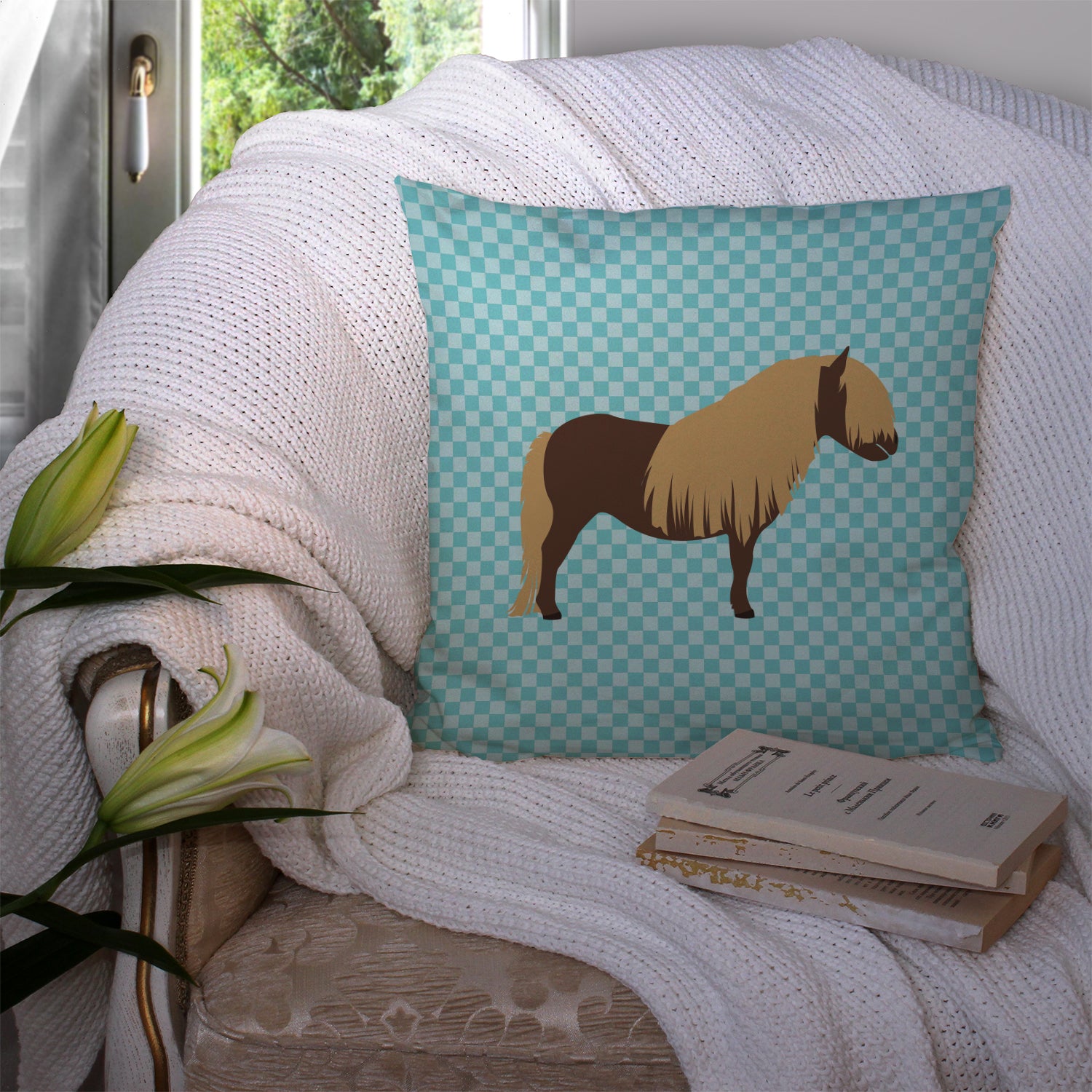 Shetland Pony Horse Blue Check Fabric Decorative Pillow BB8088PW1414 - the-store.com