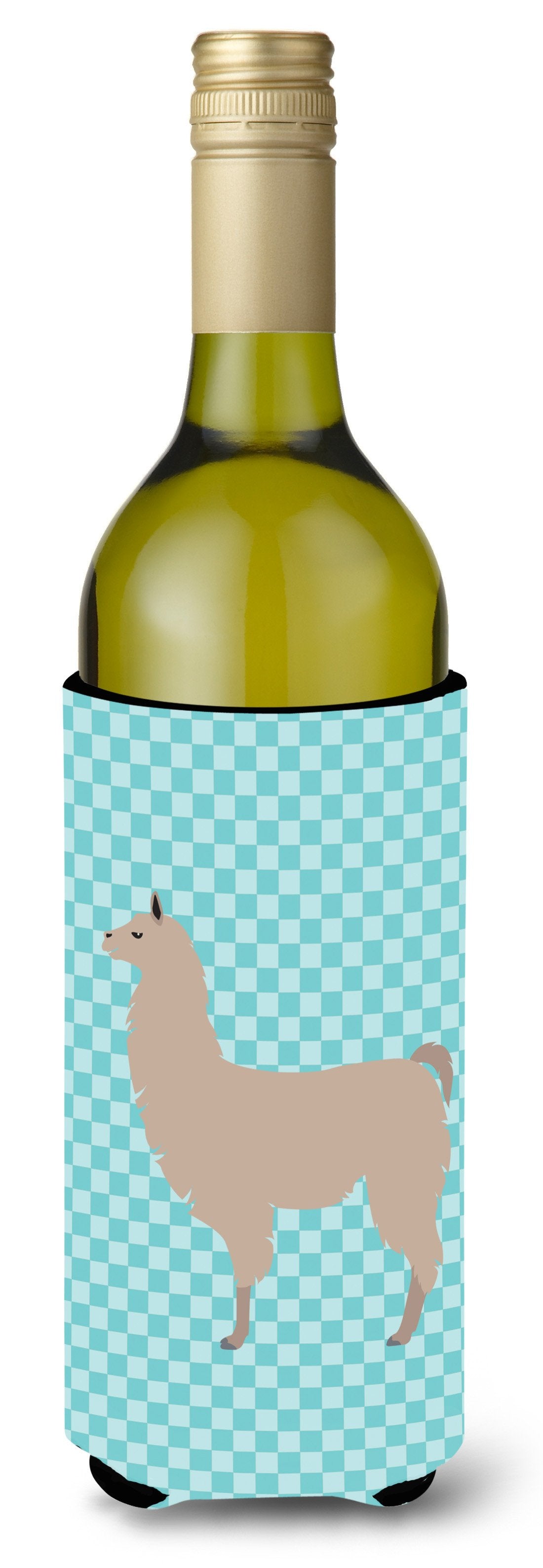 Llama Blue Check Wine Bottle Beverge Insulator Hugger BB8090LITERK by Caroline&#39;s Treasures