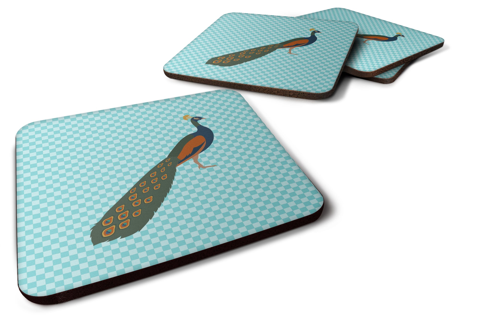 Indian Peacock Peafowl Blue Check Foam Coaster Set of 4 BB8099FC - the-store.com