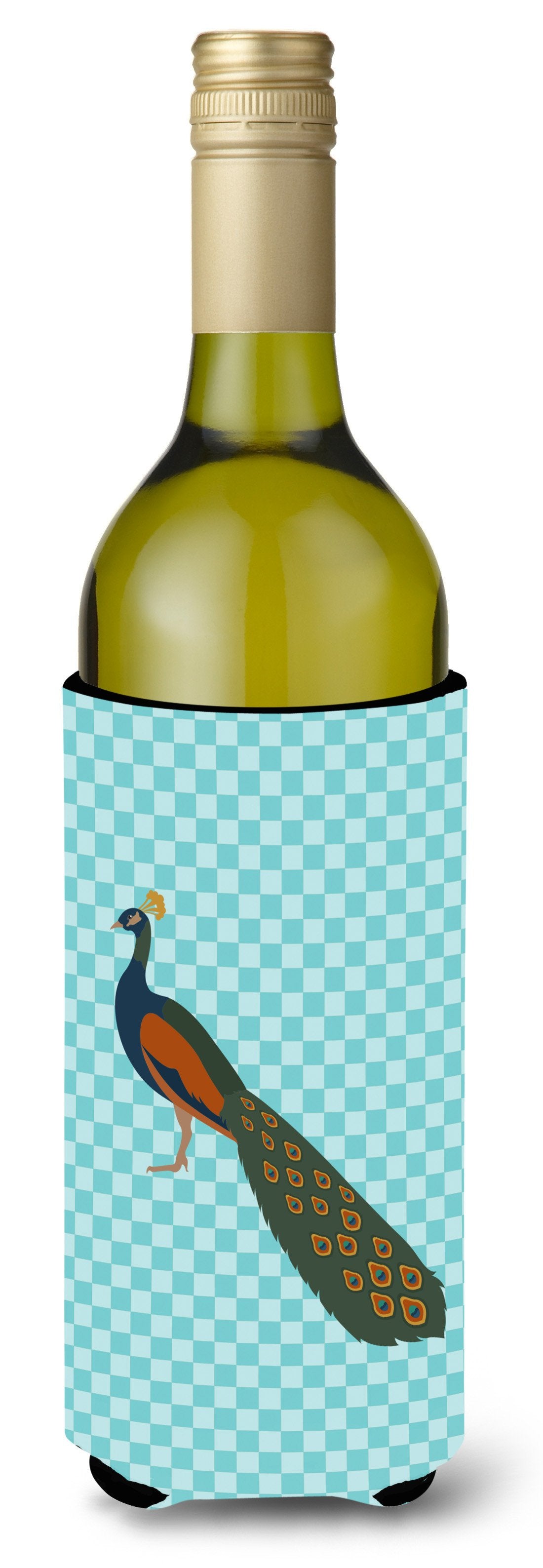 Indian Peacock Peafowl Blue Check Wine Bottle Beverge Insulator Hugger BB8099LITERK by Caroline&#39;s Treasures