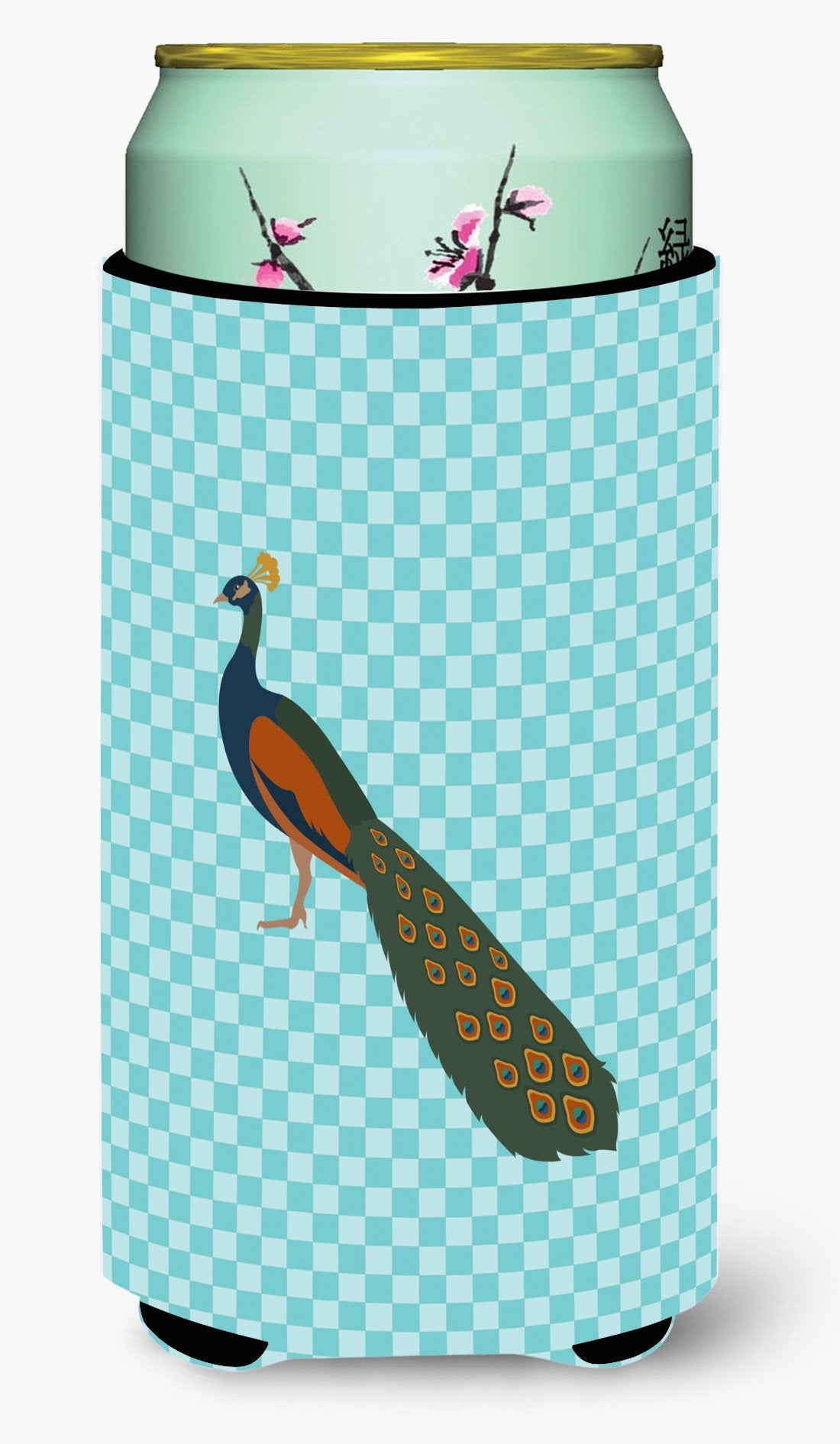 Indian Peacock Peafowl Blue Check Tall Boy Beverage Insulator Hugger BB8099TBC by Caroline&#39;s Treasures