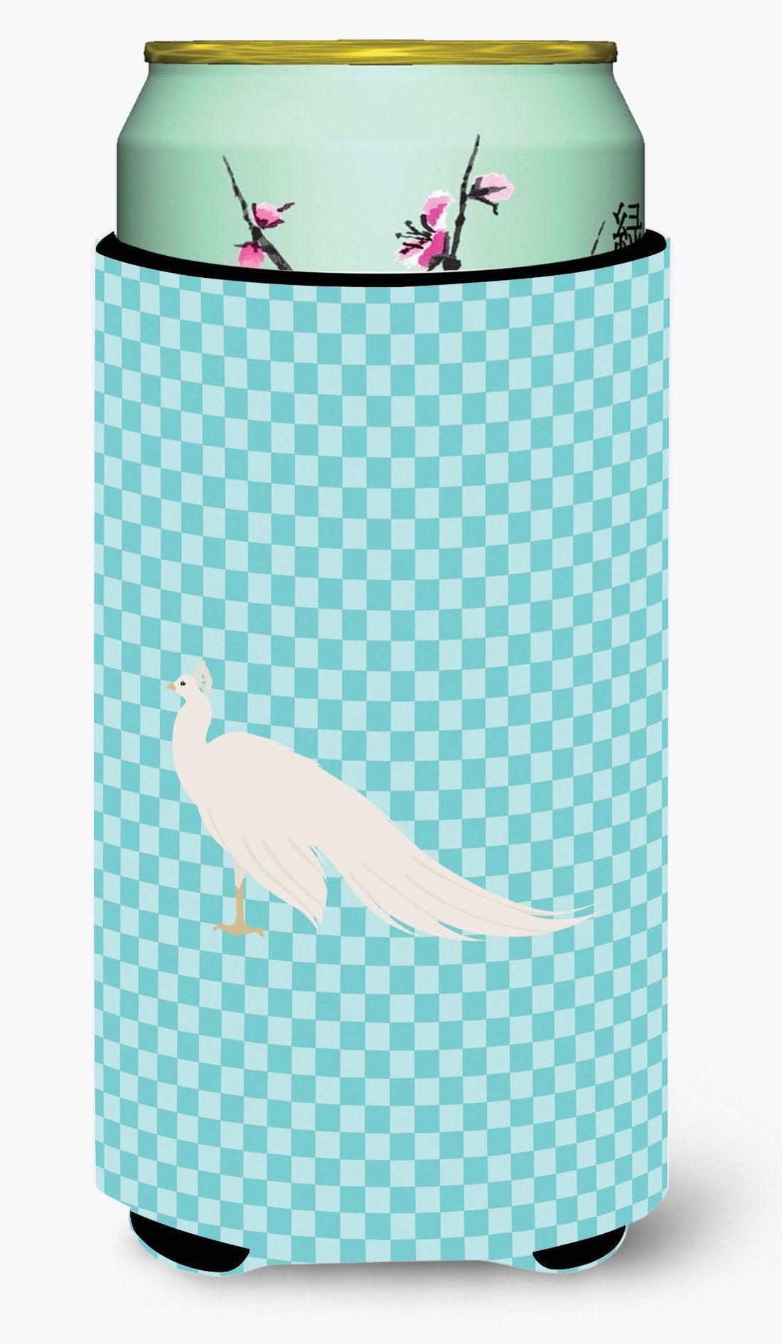 White Peacock Peafowl Blue Check Tall Boy Beverage Insulator Hugger BB8100TBC by Caroline&#39;s Treasures